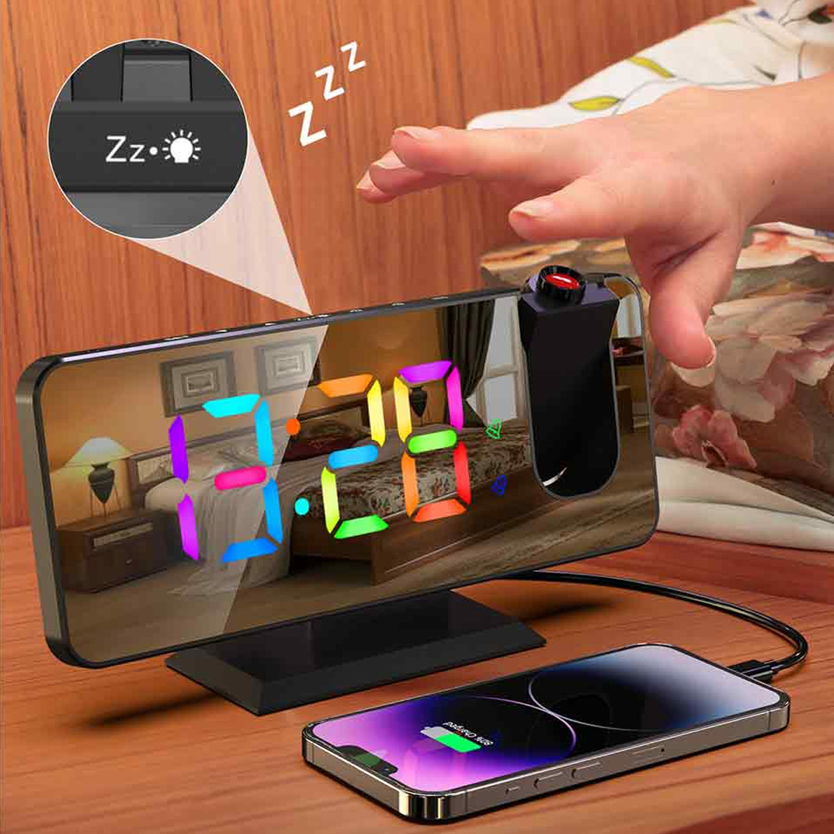 Ein Nachttischuhr mit einem ladenden Telefon. Die Uhr zeigt die Zeit und hat eine Hand.