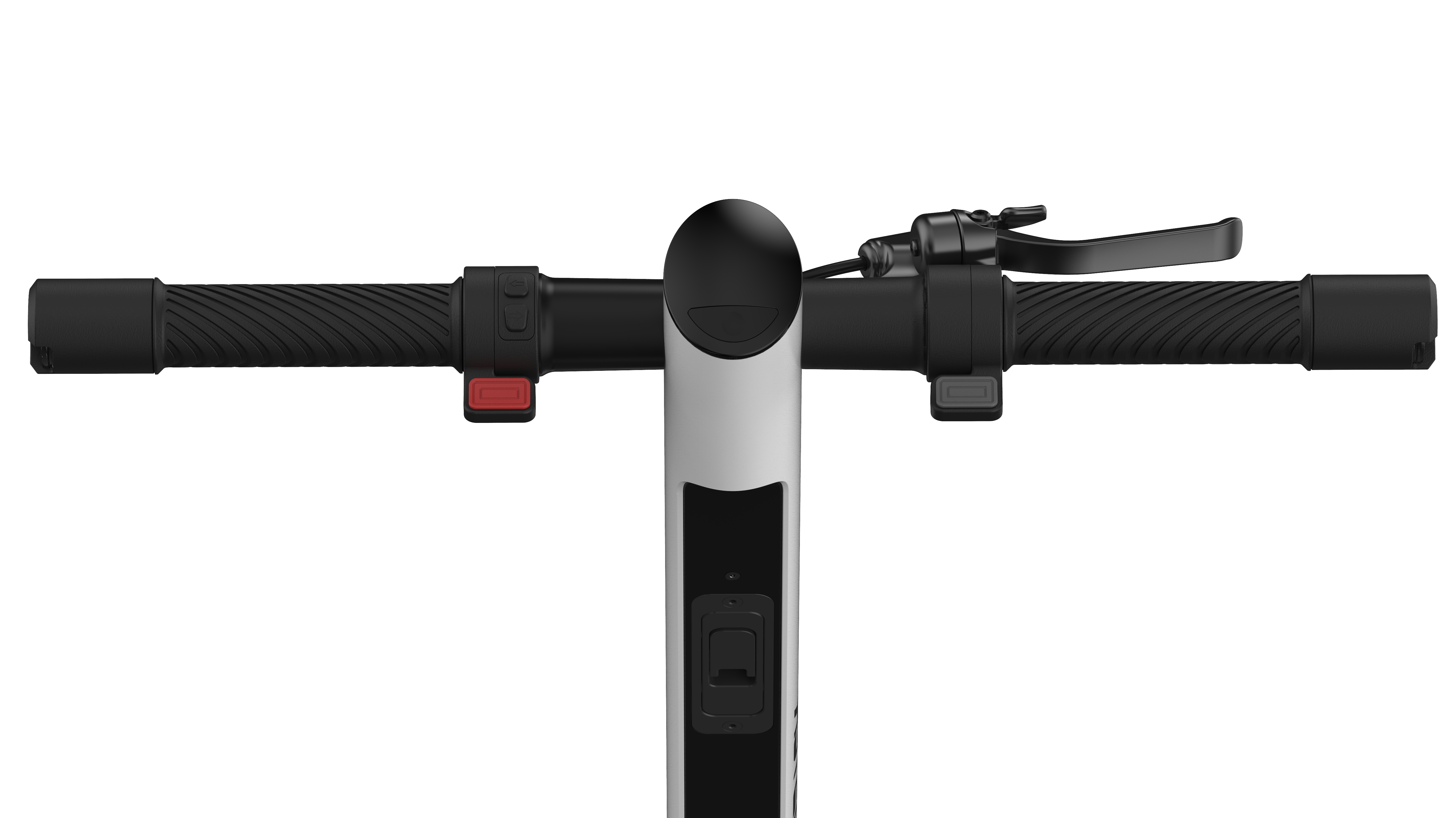 Nahaufnahme des Lenkers eines Elektrorollers. Schwarze Griffe, Bedienelemente und ein Schaft.