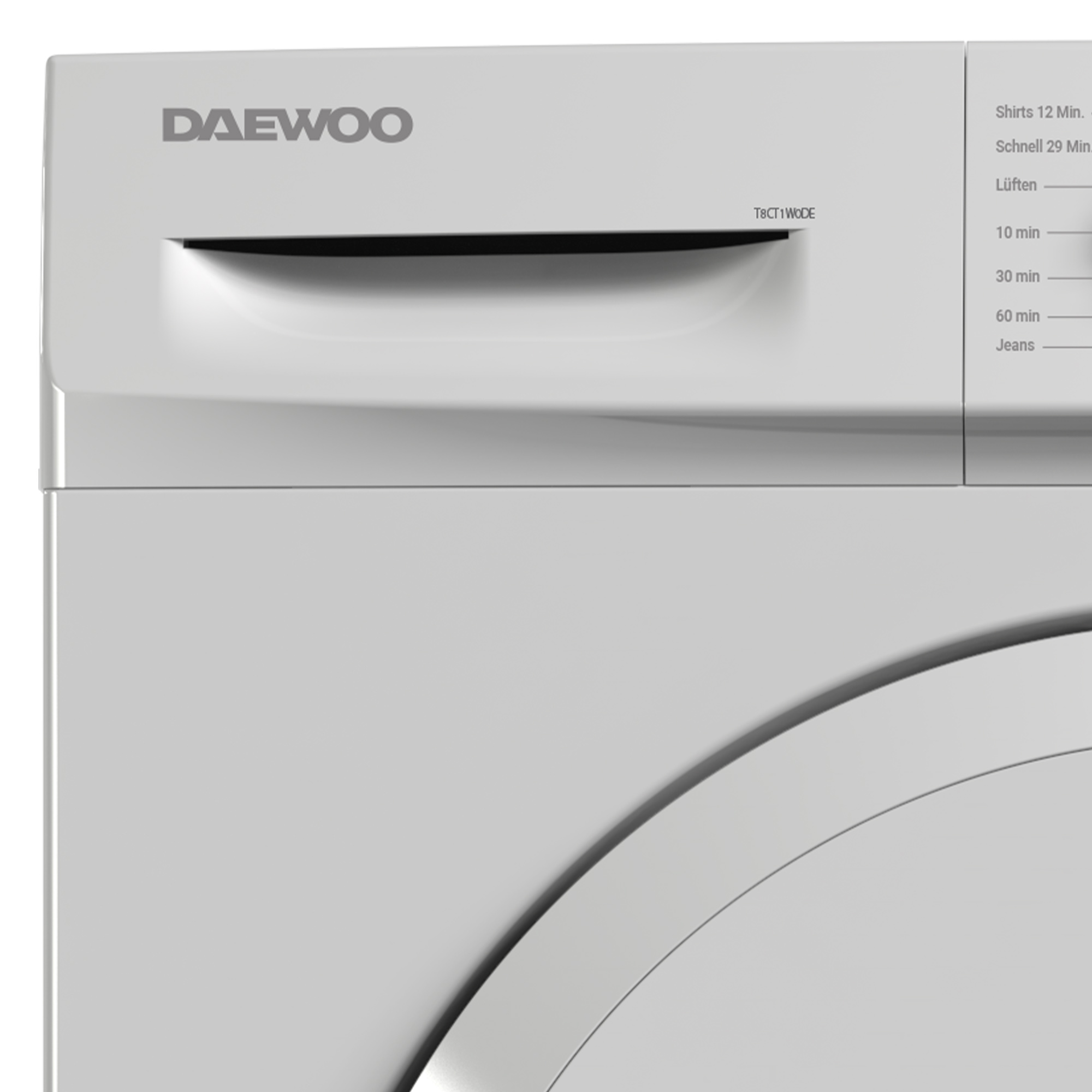 Nahaufnahme des Bedienfelds einer weißen Daewoo Waschmaschine.