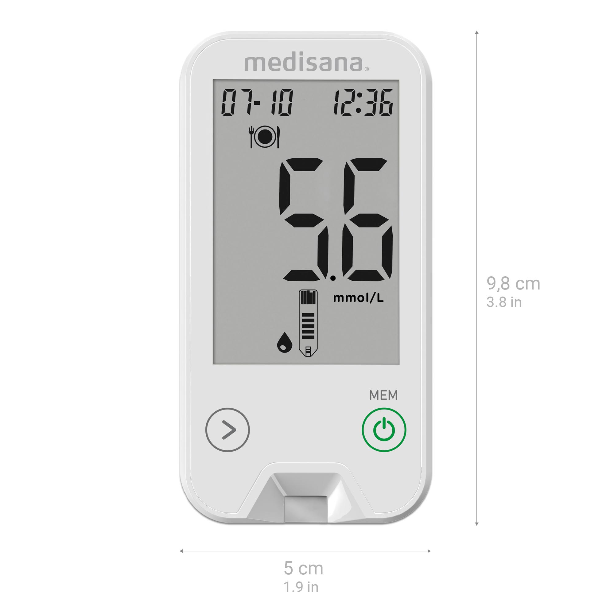 White blood glucose meter displaying a reading of 5.6 mmol/L. Measurements and buttons are visible.