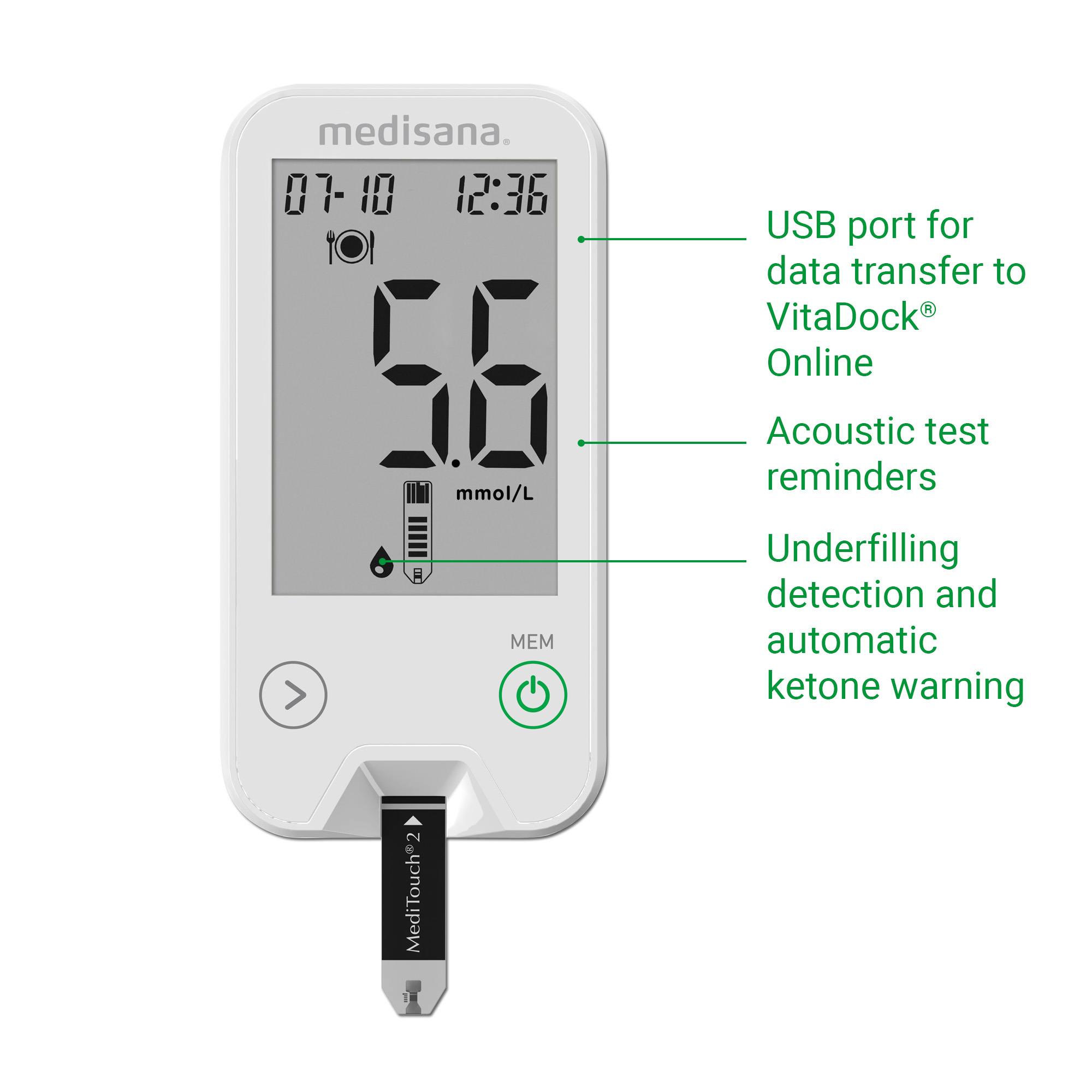 Blood glucose meter. White, display, test strip inserted.
