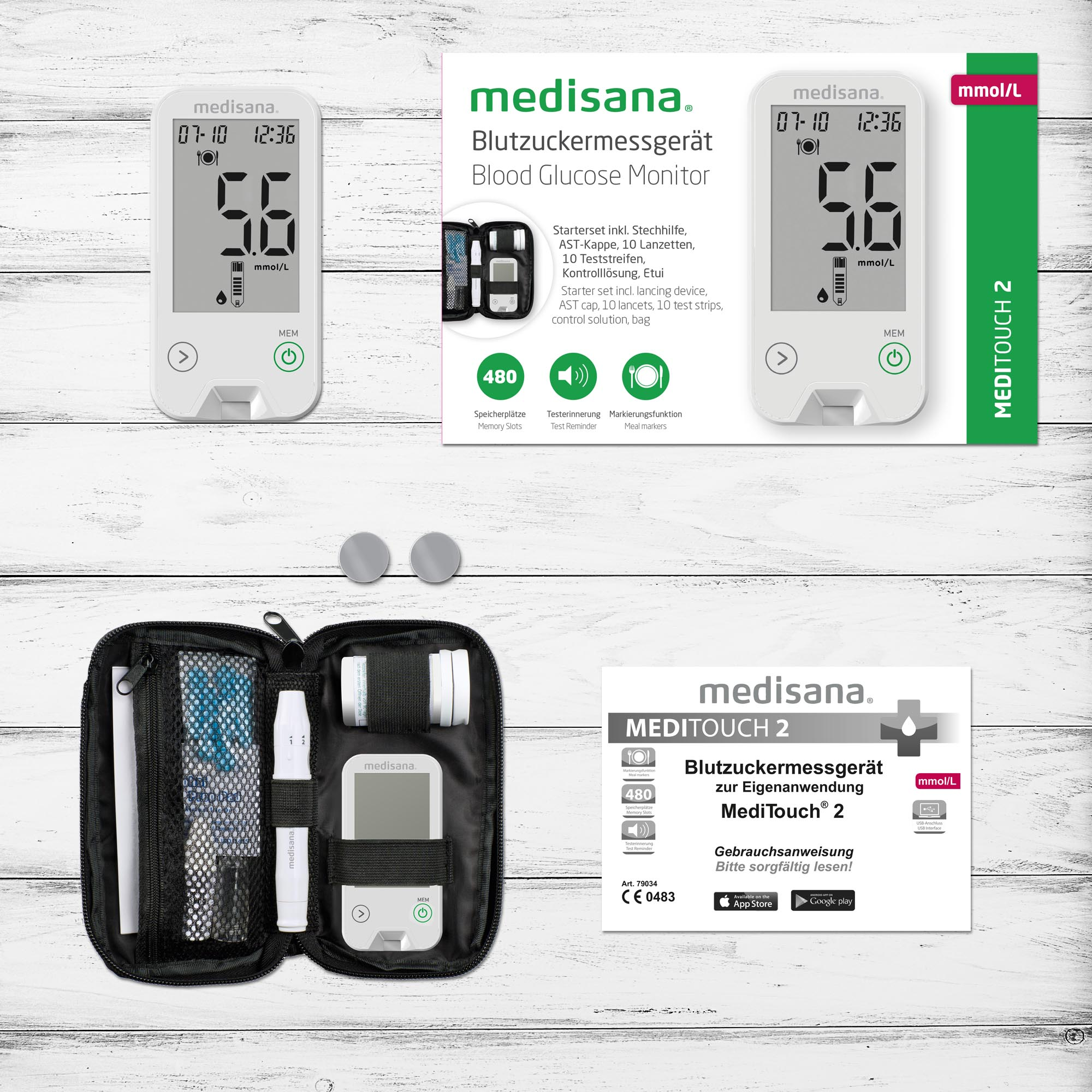 Blood glucose monitor and accessories. Meter displays a reading. Packaging shows the monitor and strips.
