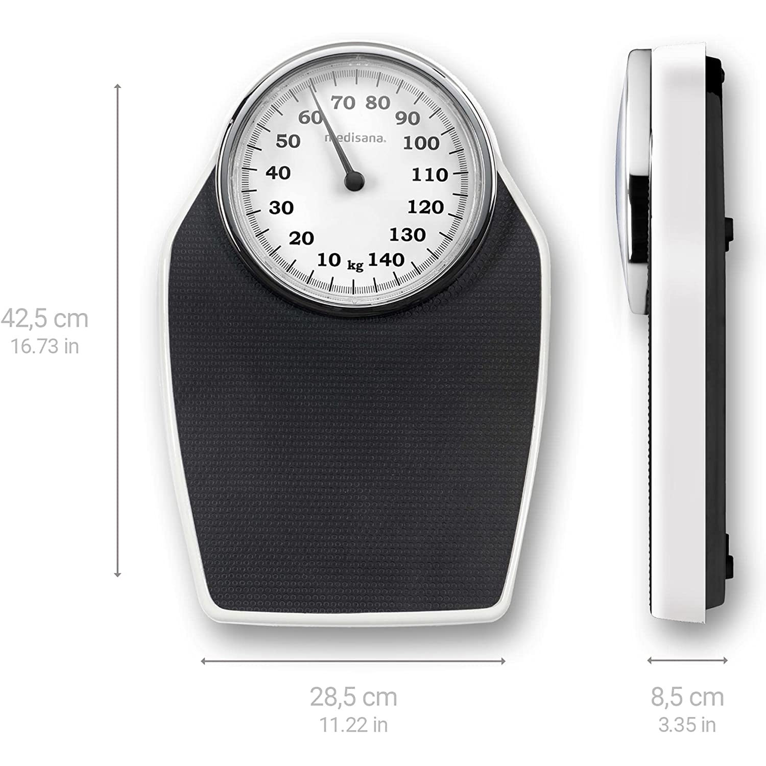 Czarno-biała waga z wymiarami oznaczonymi w centymetrach i calach.