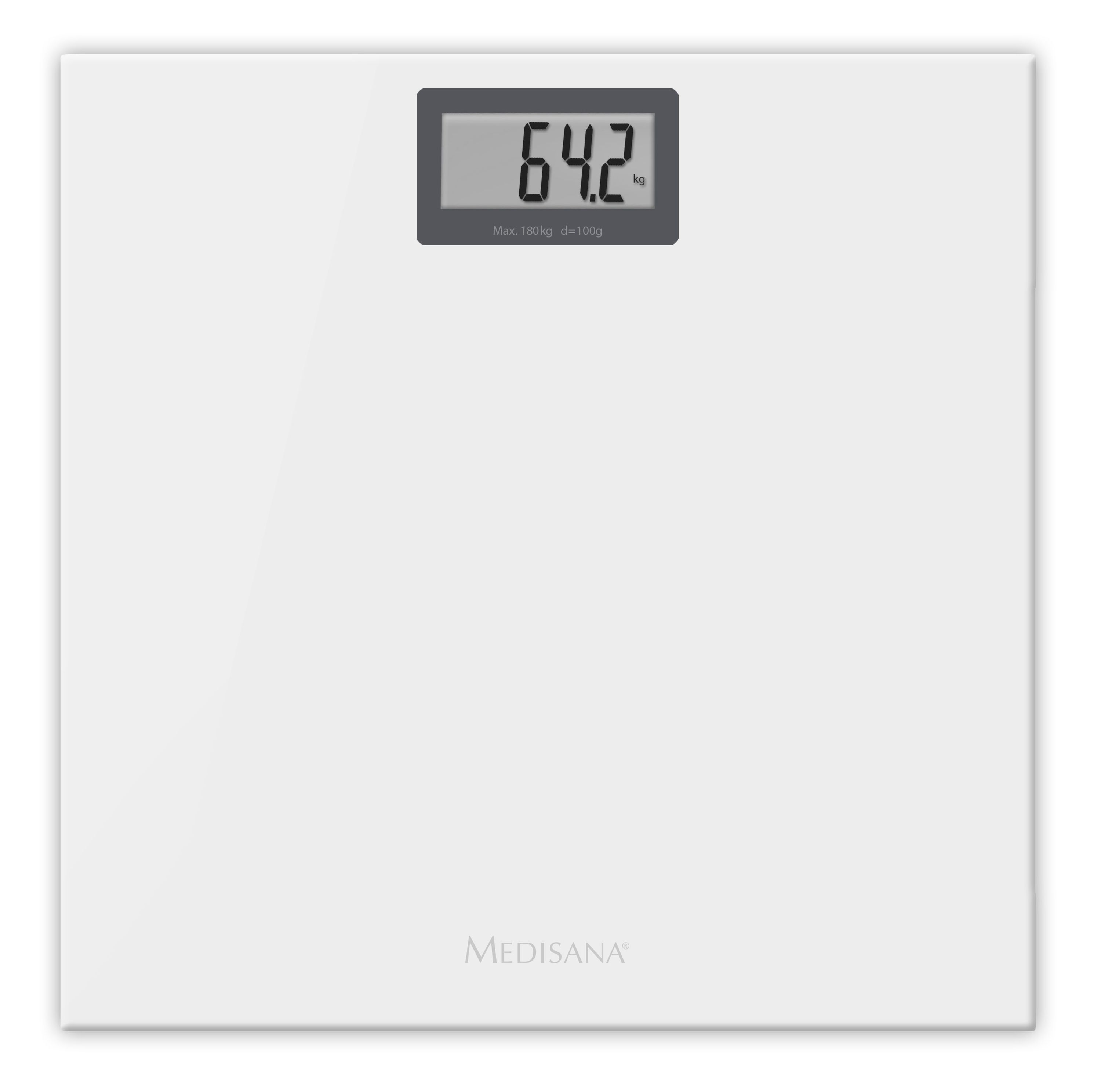Witte digitale weegschaal met een display waarop 64,2 kg staat. De weegschaal heeft een grijs display. Witte achtergrond.