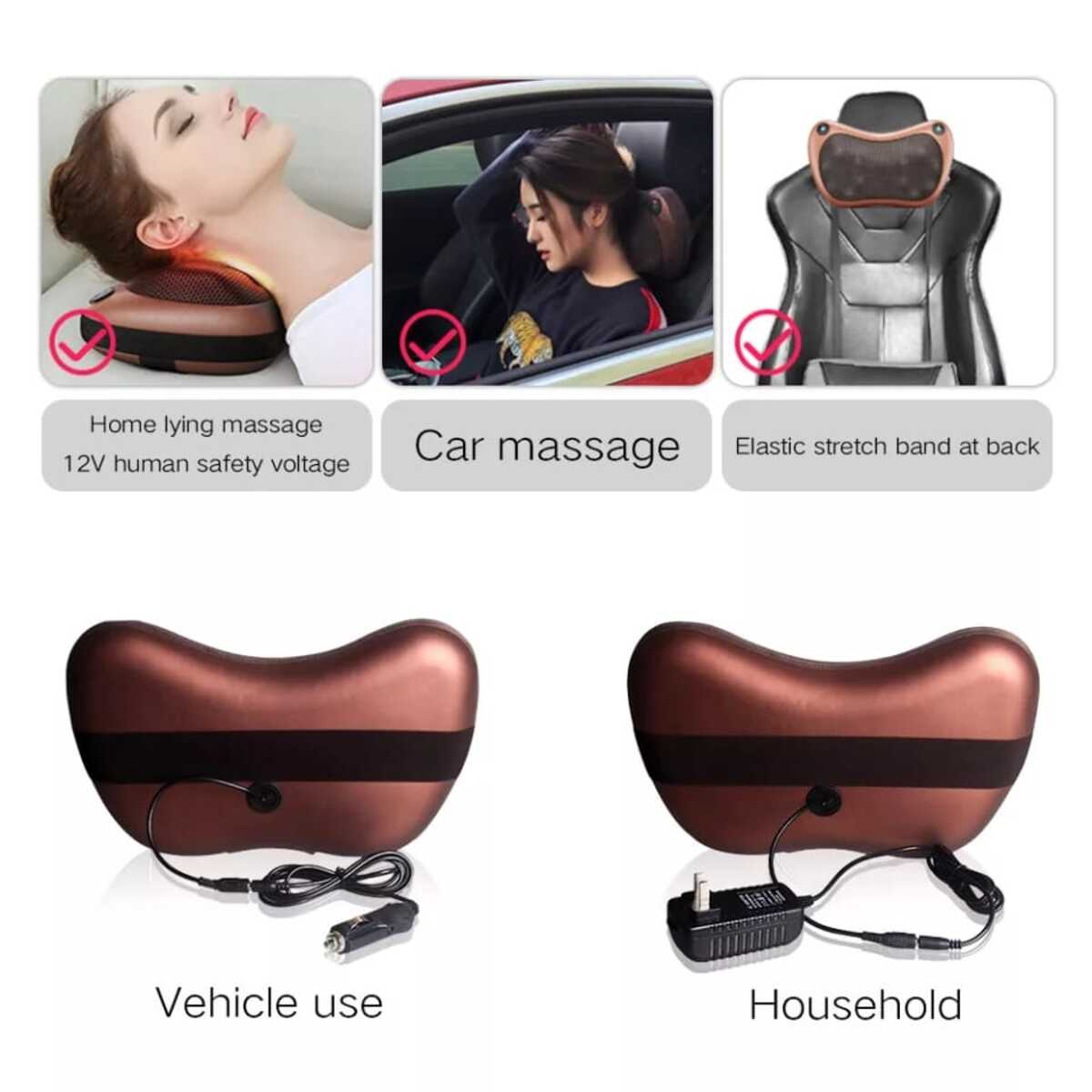 Imágenes que muestran un masajeador de cuello en uso, para coche y hogar, con un cable de carga.