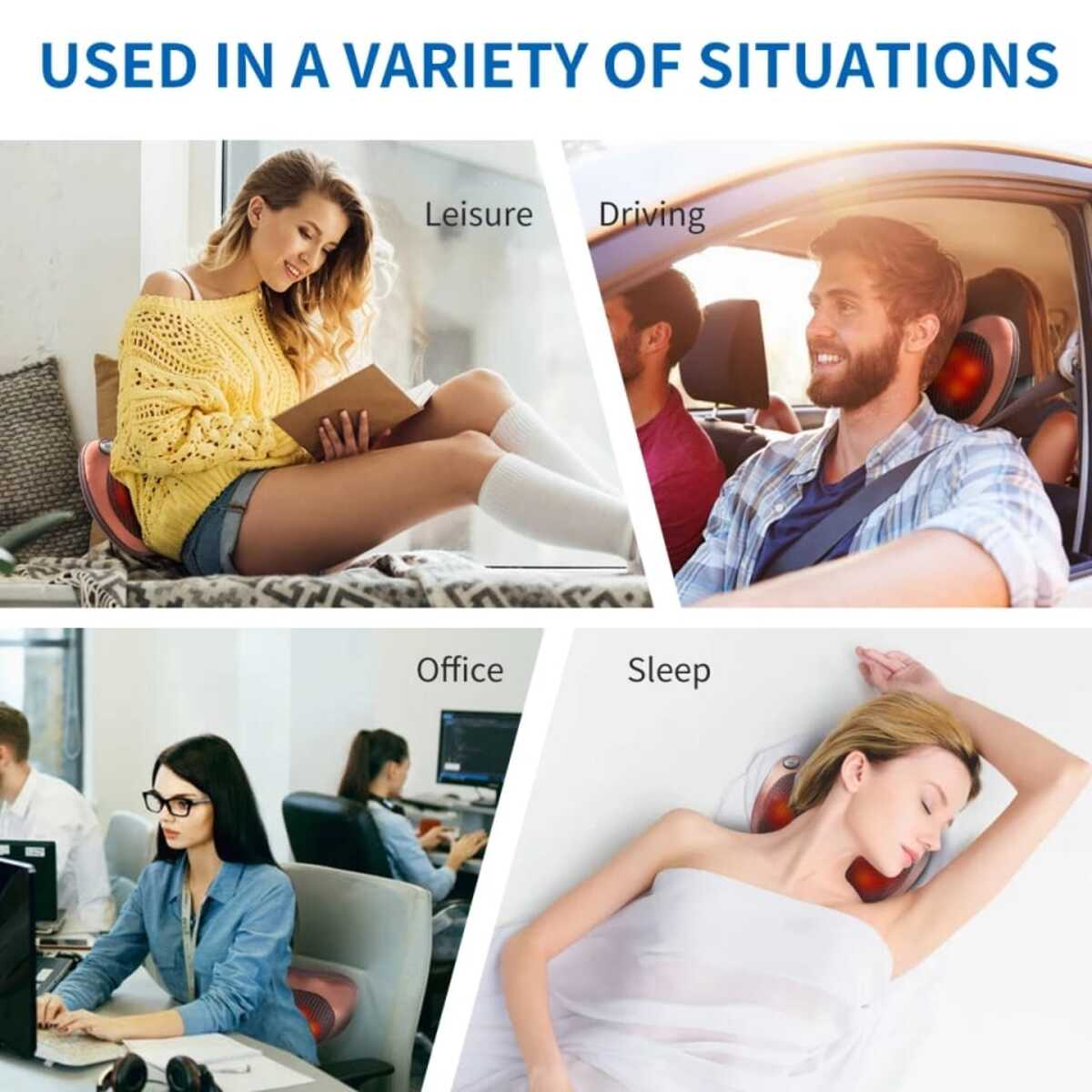 Cuatro imágenes que muestran un masajeador de cuello y espalda en diferentes situaciones: ocio, conducción, oficina y sueño.