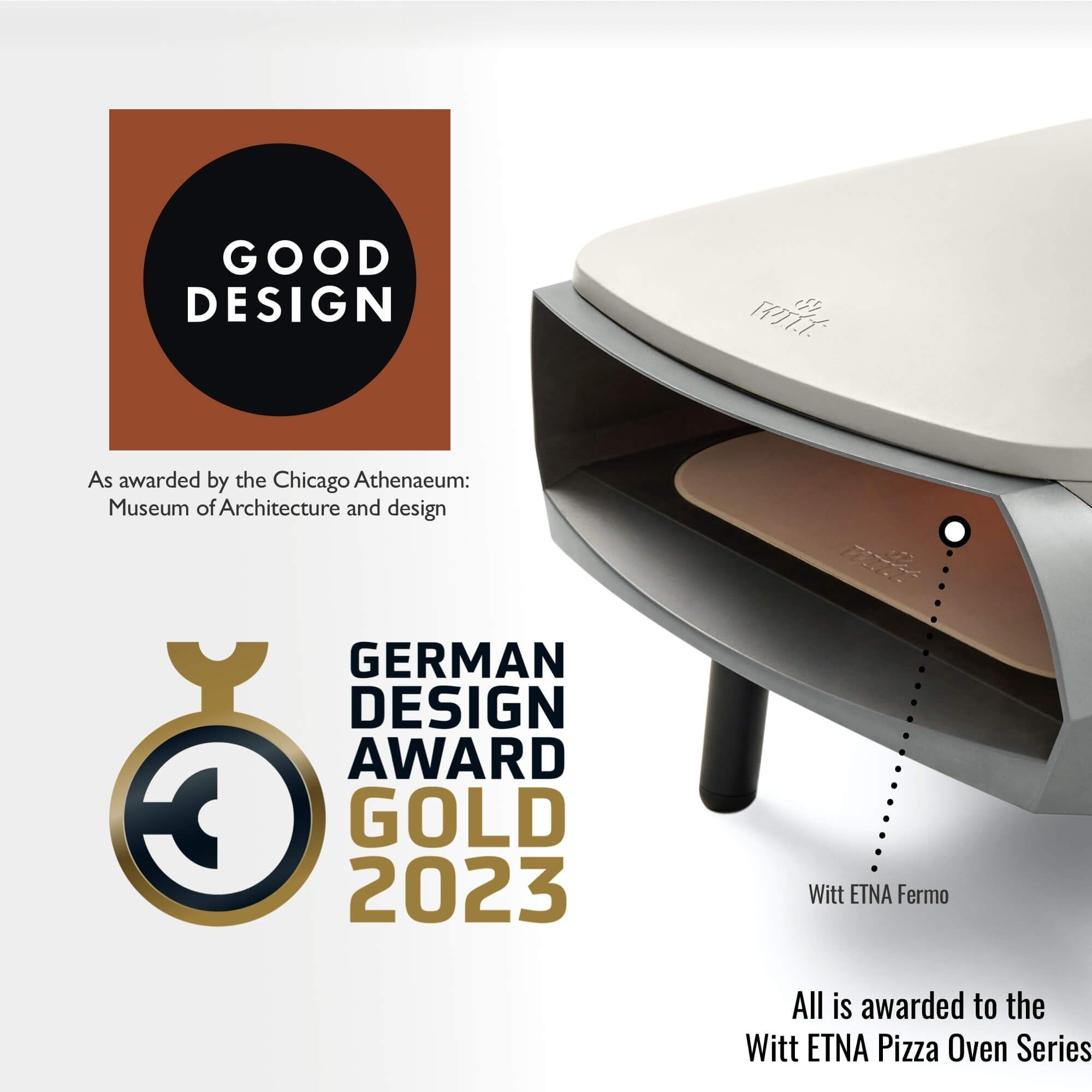 Forno per pizza con premi. Design nero e marrone. Il forno è bianco e grigio.