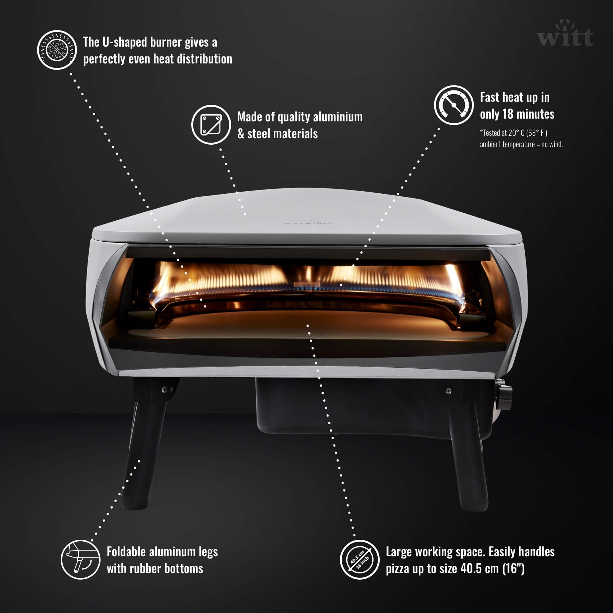 Forno per pizza con bruciatore a U. Realizzato in alluminio e acciaio. Gambe pieghevoli. Riscaldamento rapido in 18 minuti.