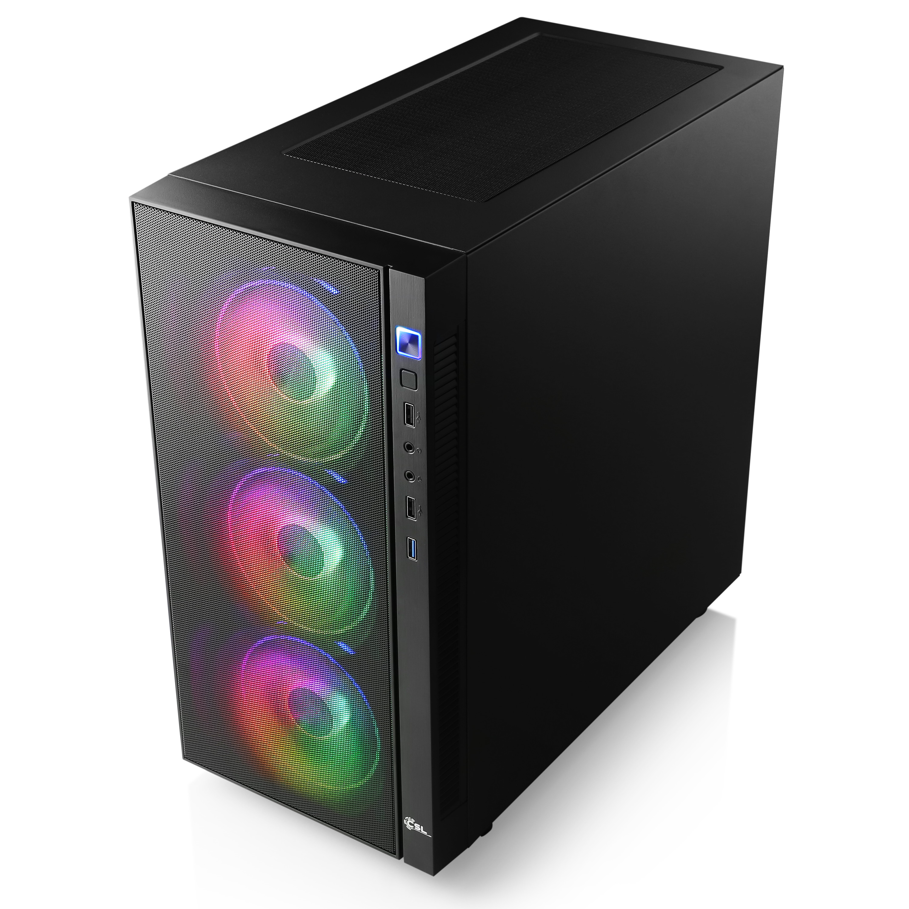 Schwarzes PC-Gehäuse mit drei bunten Lüftern. Seitenwand ist Mesh. Front hat USB-Anschlüsse.