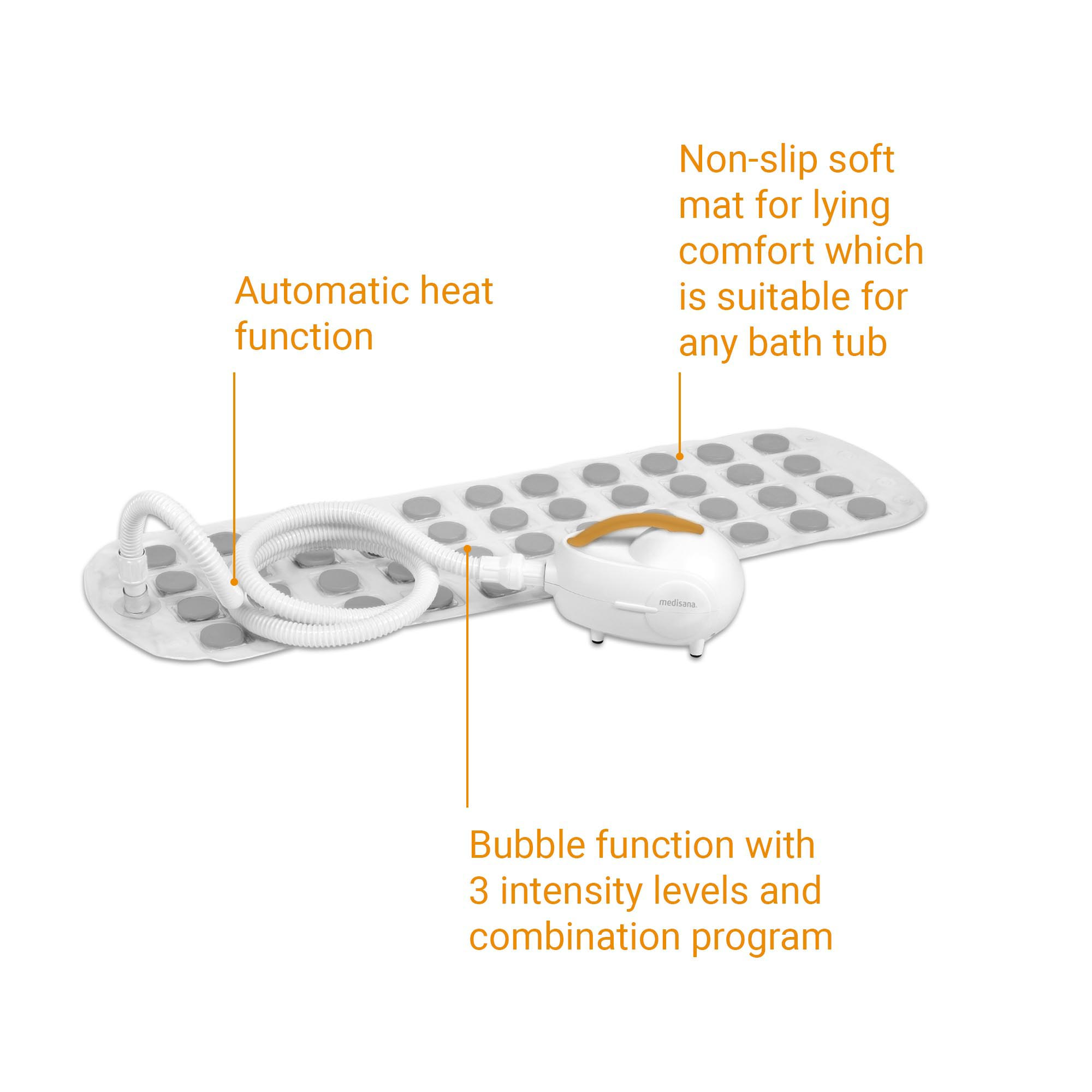 Witte badmat met tekstlabels. Kenmerken zijn automatische warmte en bubbelfuncties.