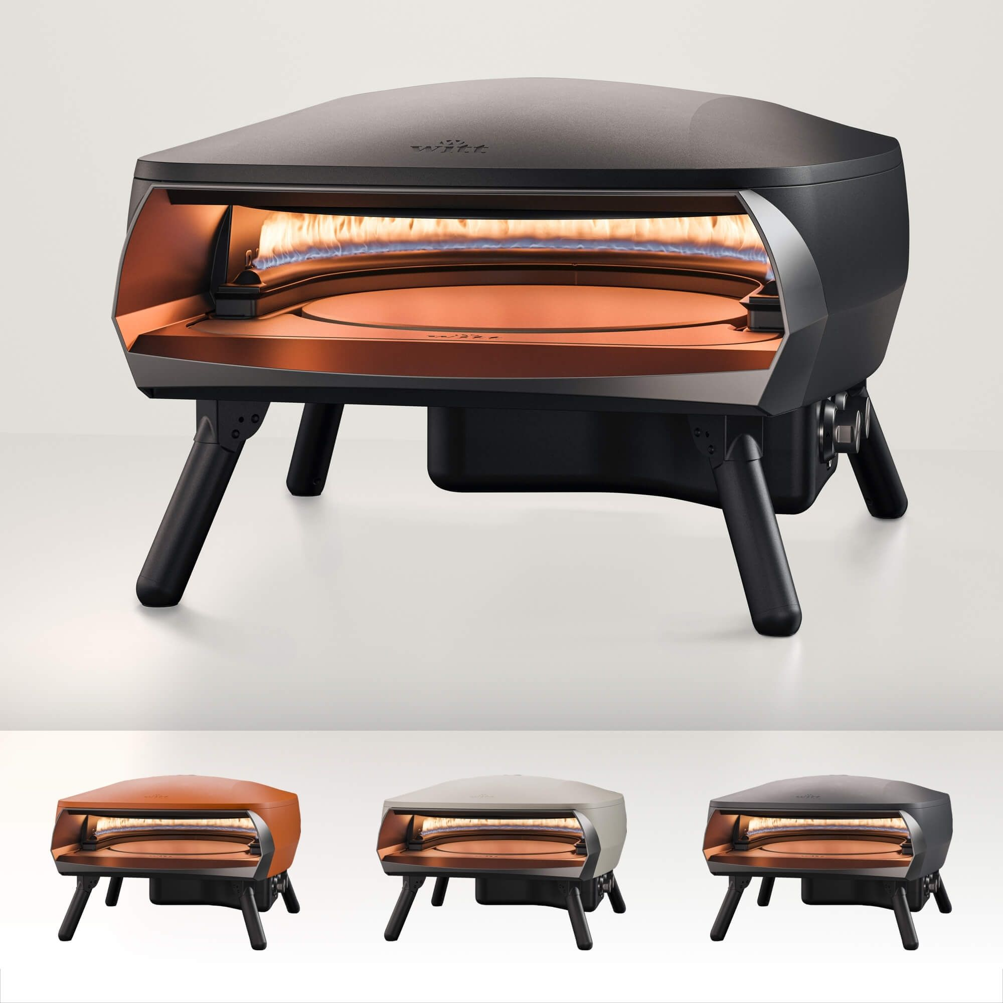 Un forno per pizza con più opzioni di colore, che mostra l'interno con una fiamma blu.