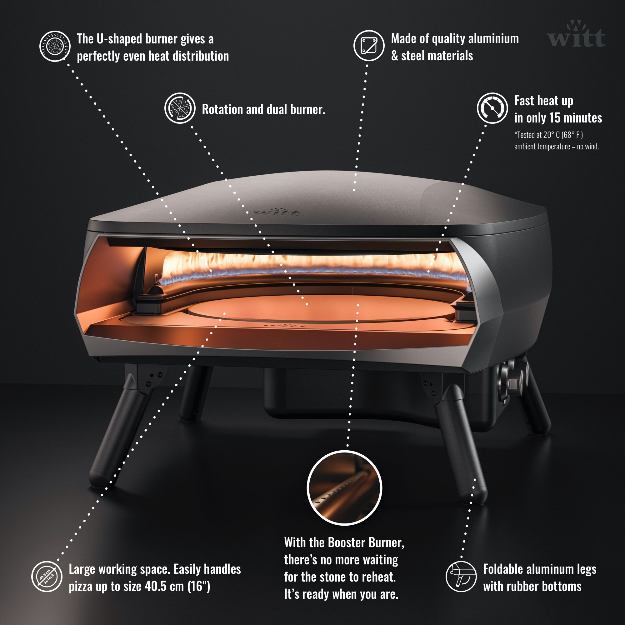 Forno per pizza da esterno con porta aperta e istruzioni sul lato.