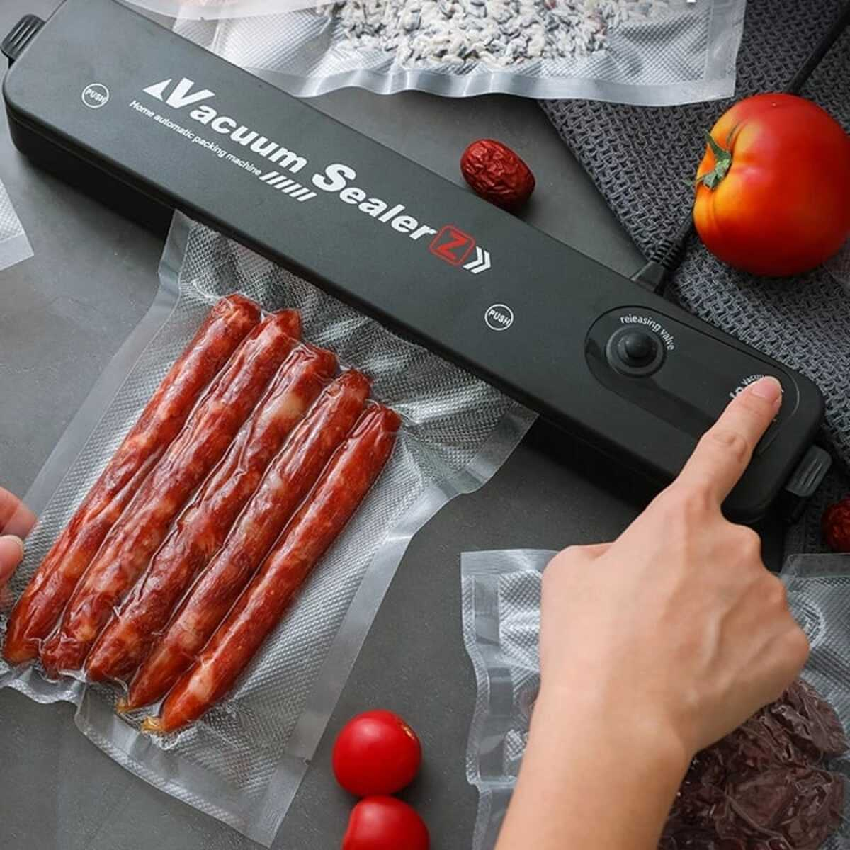 Selladora al vacío negra con salchichas en una bolsa. Tomate y dátiles en la escena.
