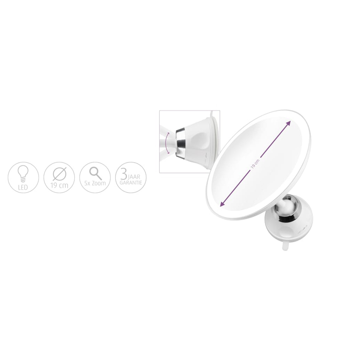 Weißer LED-beleuchteter Spiegel. 19 cm Durchmesser. Saugnapfhalterung. 5x Zoom. 3 Jahre Garantie.