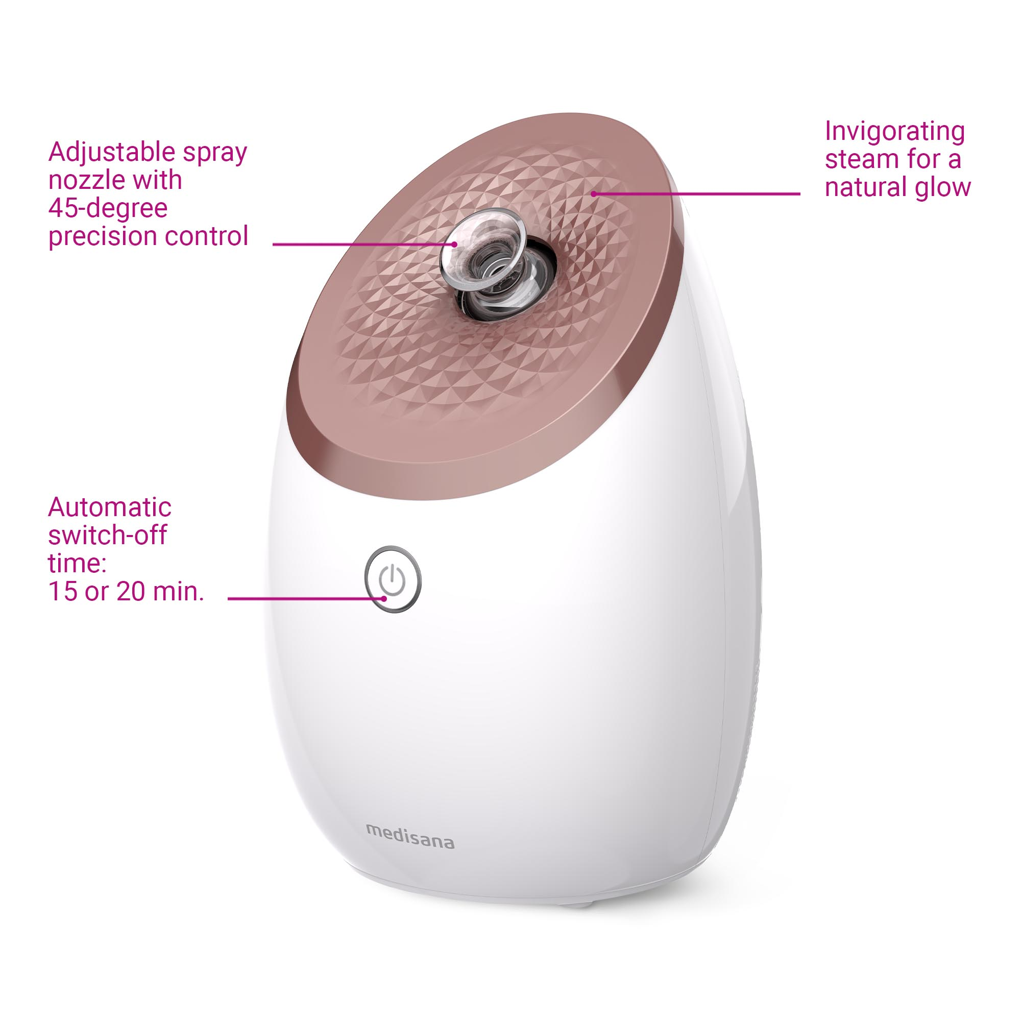 Vapeur visage blanc avec accents or rose. Montre buse et bouton d'alimentation avec détails.