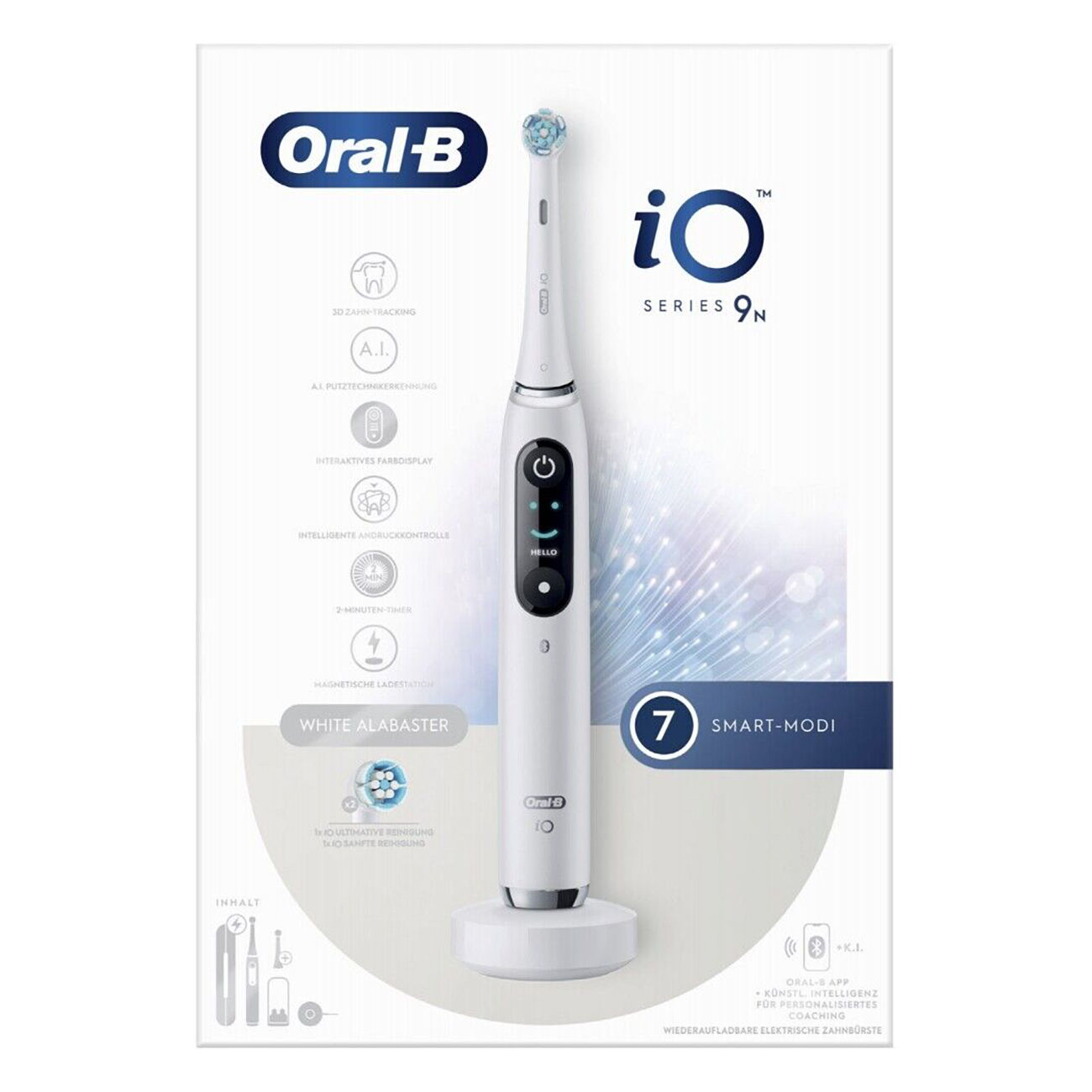 Biała szczoteczka do zębów Oral-B iO Series 9N na stojaku, ze szczegółami produktu na pudełku.