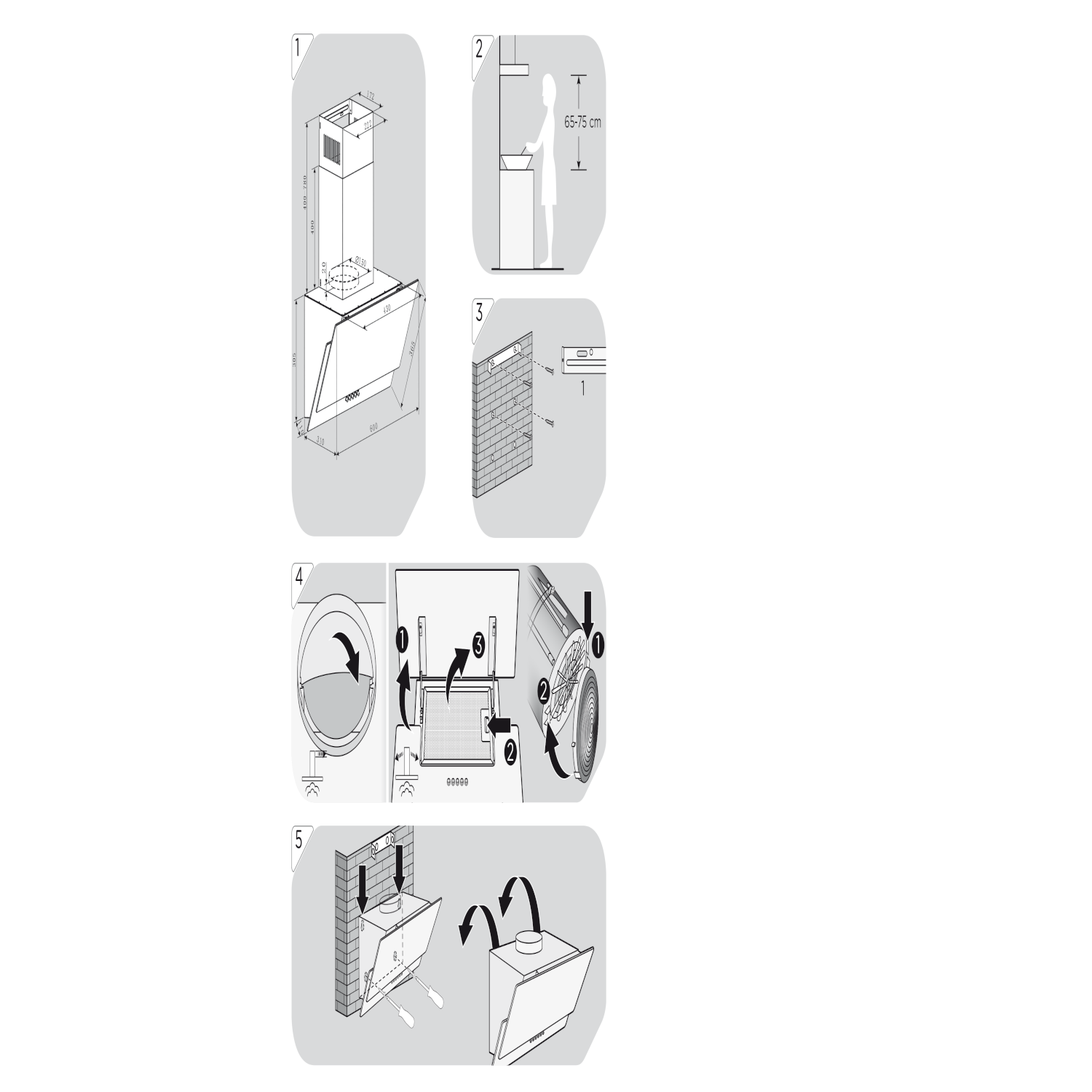 Installationsanweisungen, Diagramme und Maße. Diagramme zeigen Schritte zur Montage einer Dunstabzugshaube.