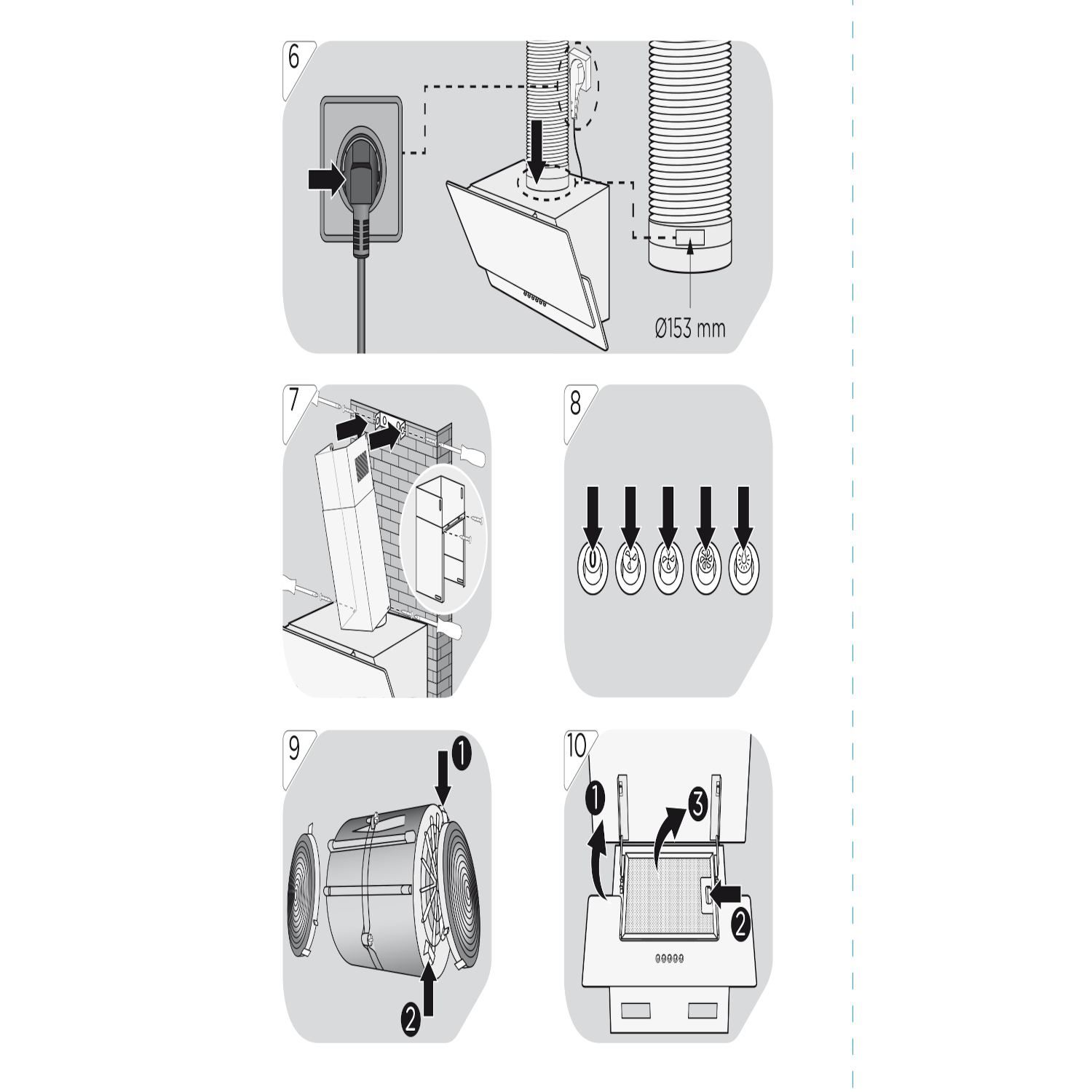 Diagramm der Dunstabzugshaube Installationsschritte. Schwarz-Weiß-Illustrationen und Pfeile.
