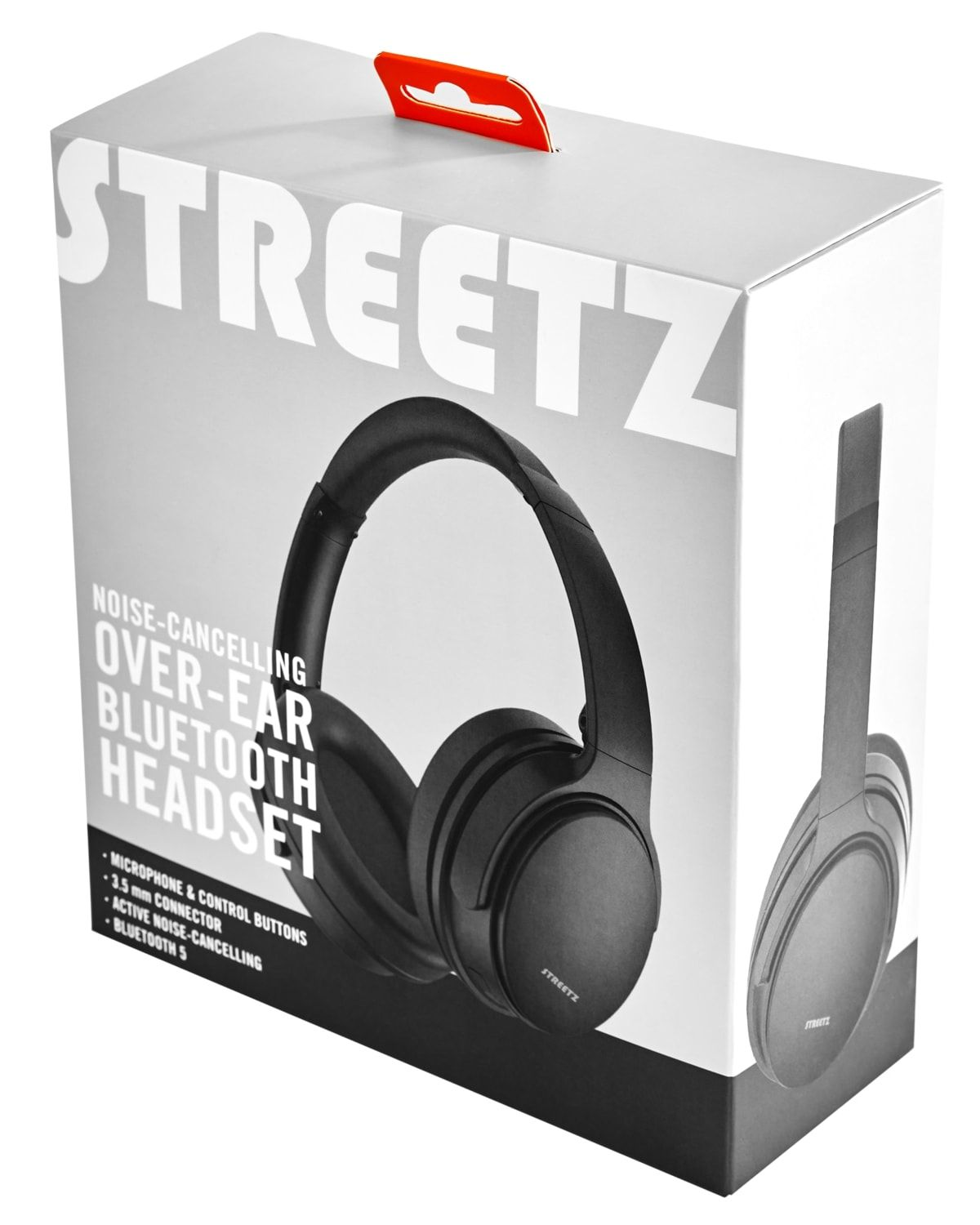 Schwarzes Over-Ear-Bluetooth-Headset in einer Box mit der Aufschrift 'STREETZ'.