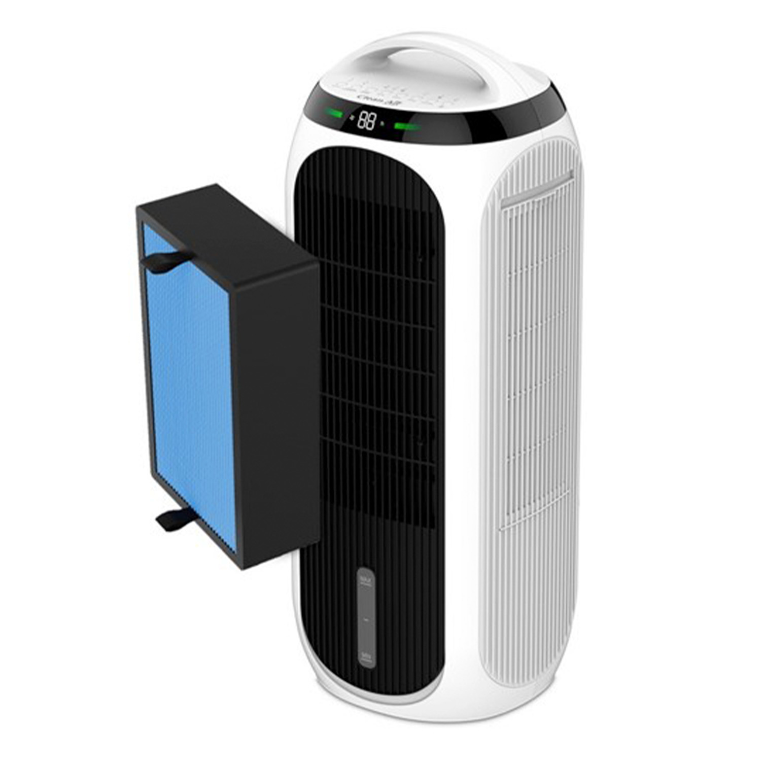 White and black air cooler with a filter detached and a digital display showing 88.