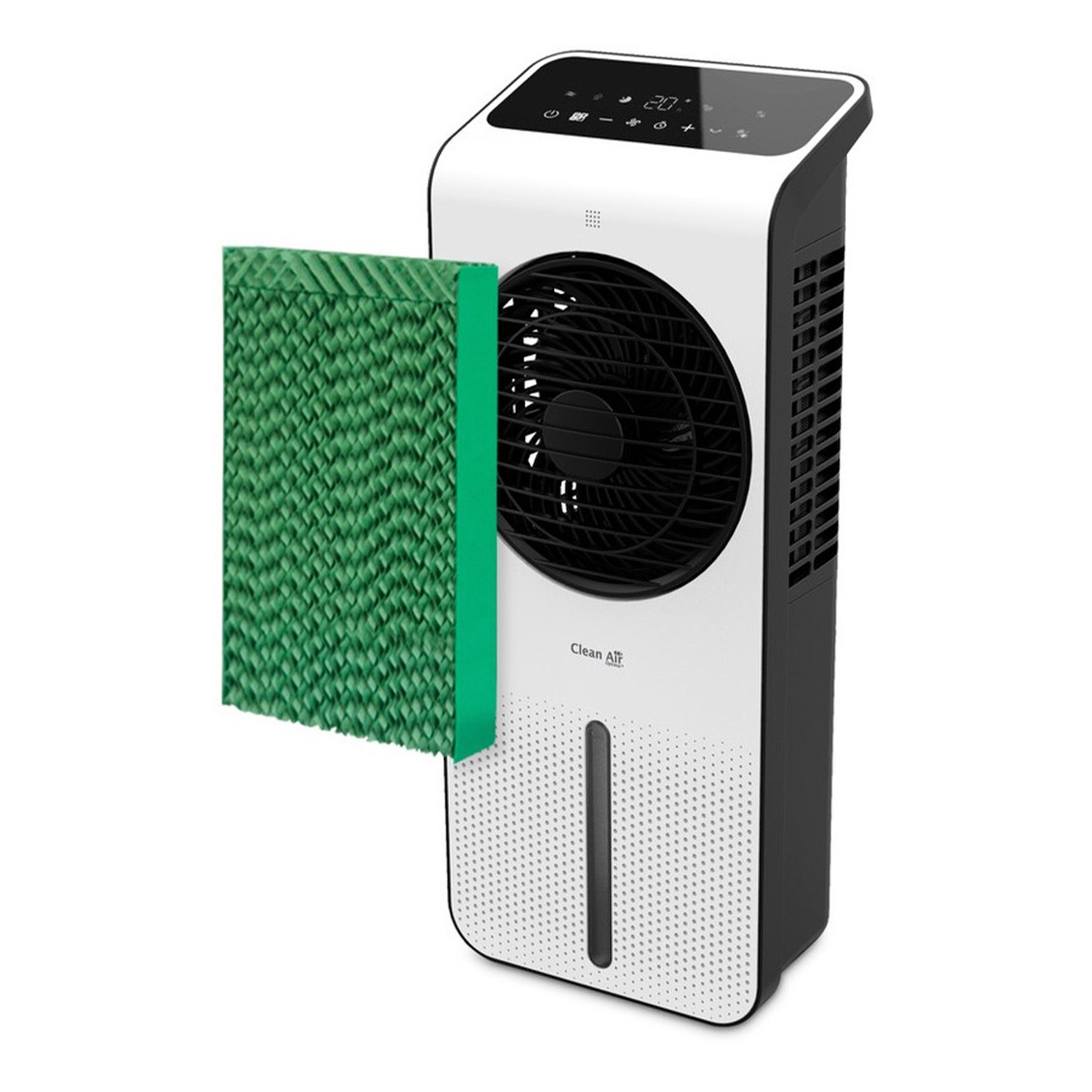 Ein weißer und schwarzer Luftkühler mit einem grünen Filter, der Filter befindet sich neben dem Ventilator.