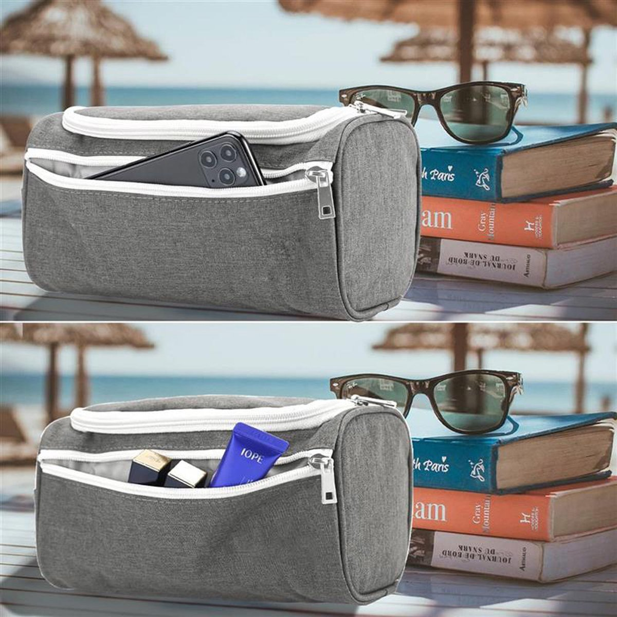 Graue Reisetasche mit Telefon, Kosmetika, Sonnenbrille und Büchern. Strand-Kontext.