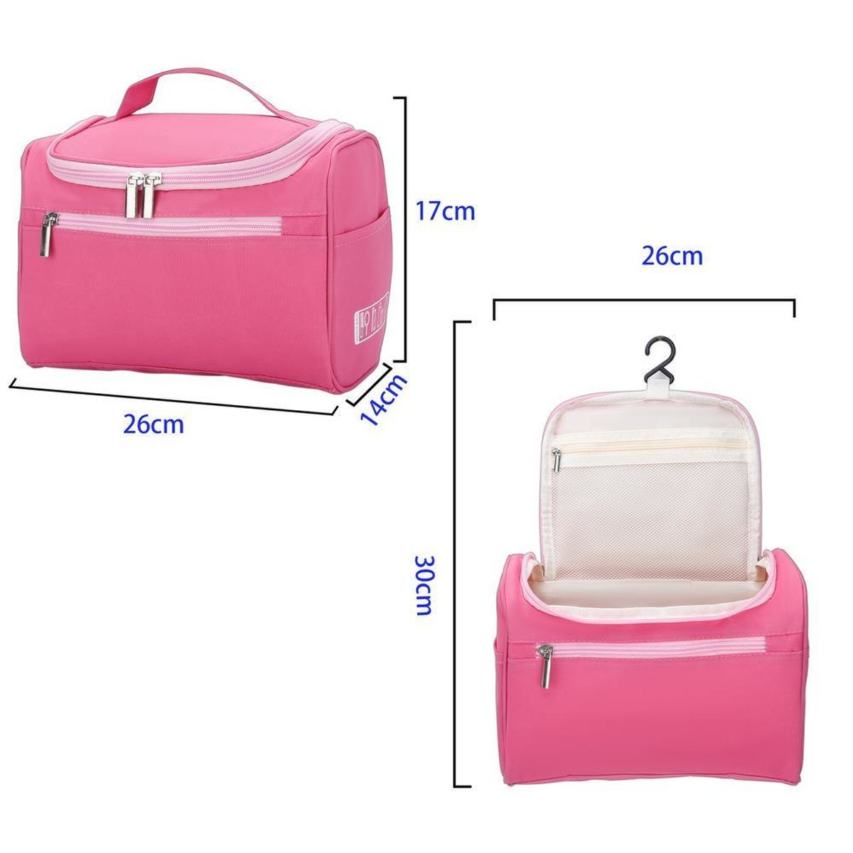 Pinke Reisetasche mit angegebenen Abmessungen und eine zweite, offene Tasche mit Aufhänger.