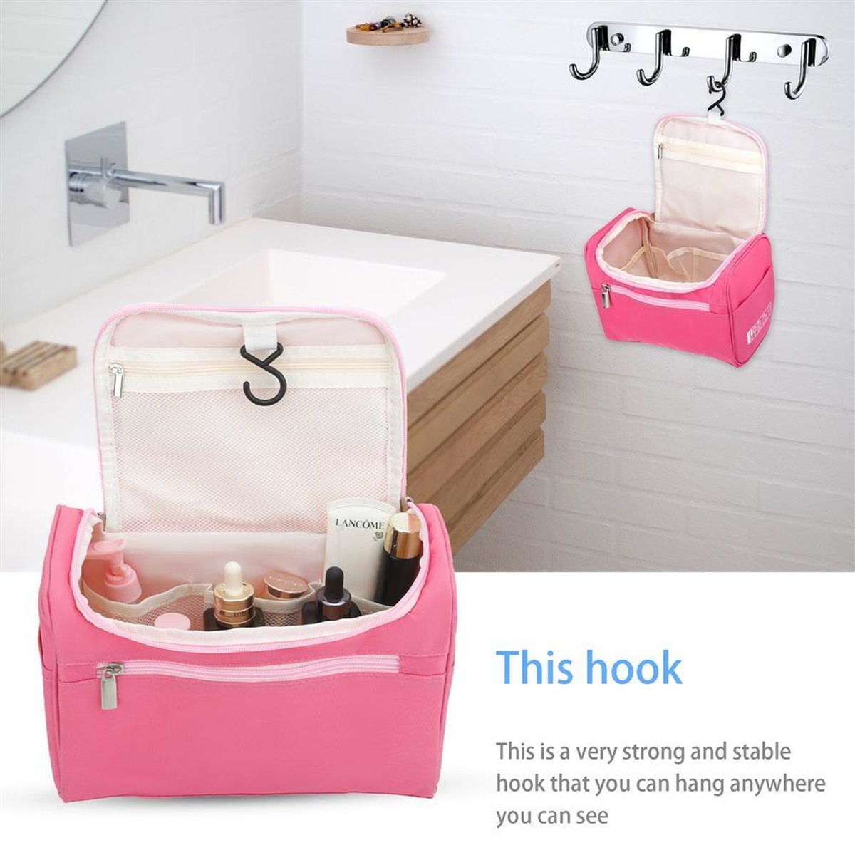 Rosa Make-up-Tasche mit Inhalten. Haken zum Aufhängen. Weißer Hintergrund.