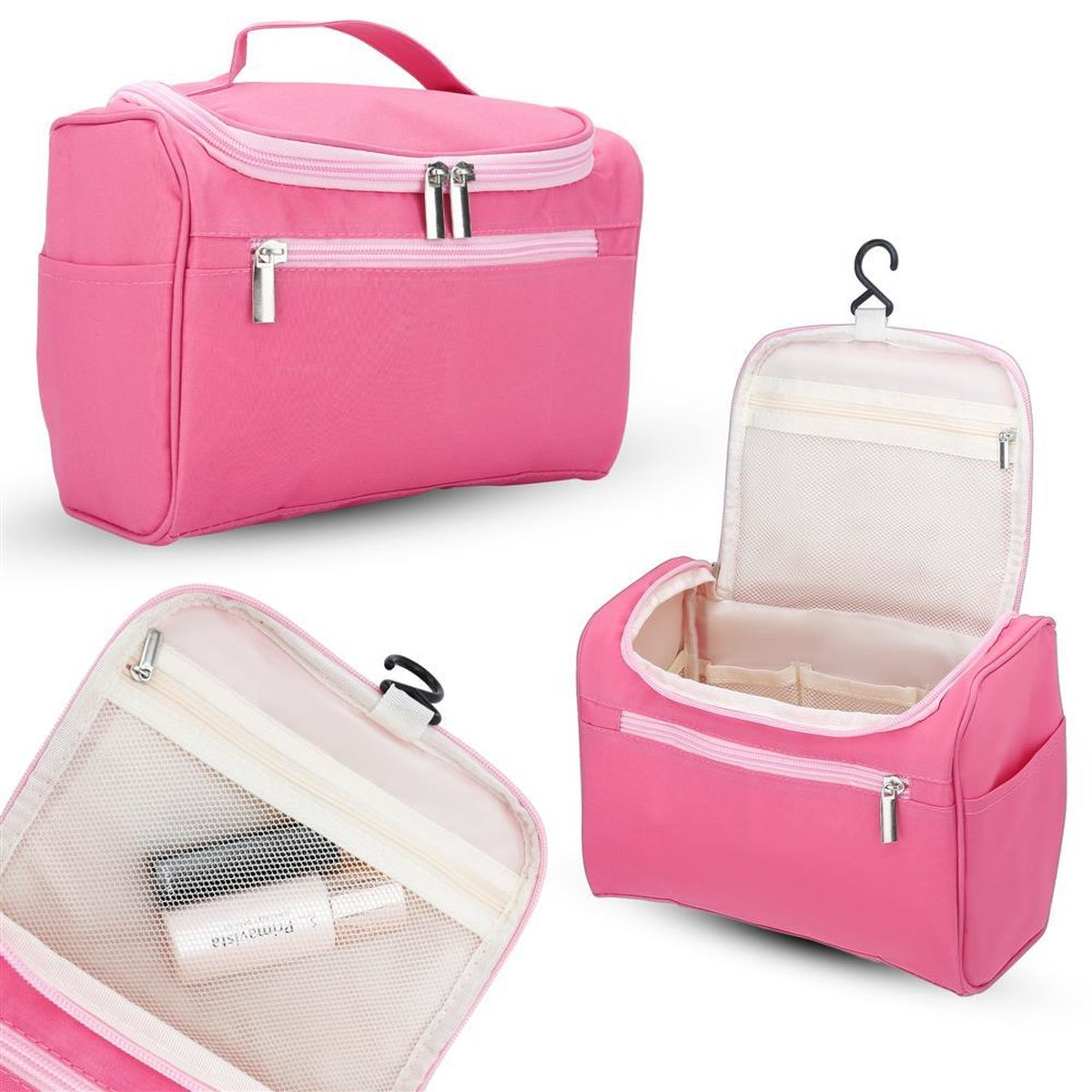 Rosa Kosmetiktasche mit Reißverschluss und Griff, mit offenem Fach, das Produkte zeigt.