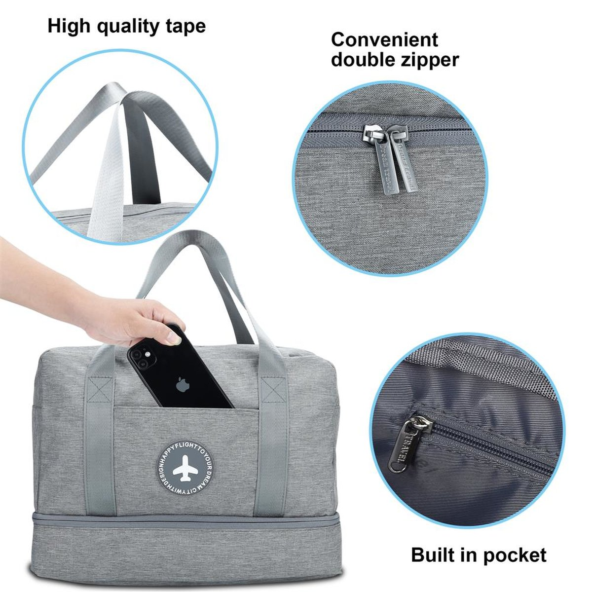 Graue Tasche mit Doppelreißverschlüssen. Hand legt Telefon in Tasche. Eingebaute Tasche.