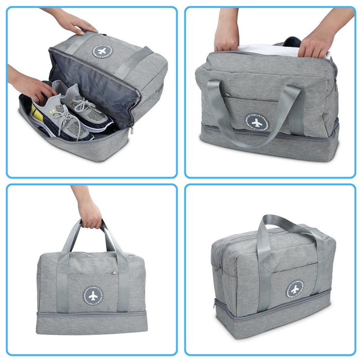 Graue Reisetasche mit Schuhen und Details von Griff und Reißverschluss.