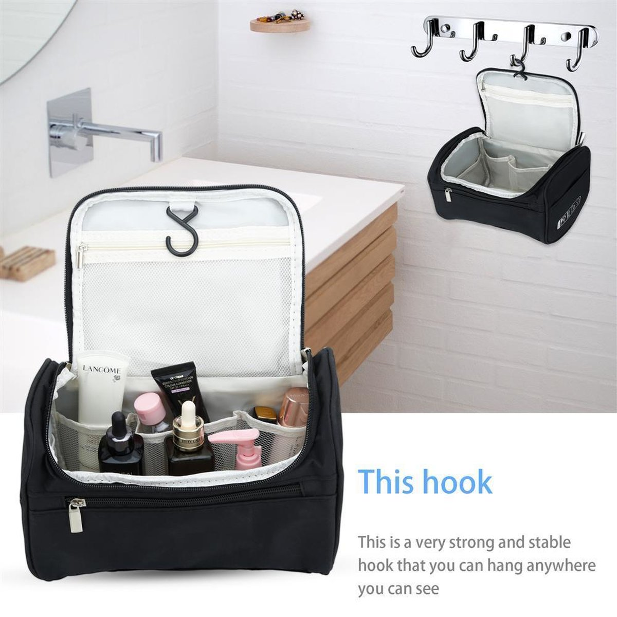 Schwarze Kosmetiktasche mit verschiedenen Kosmetika und einem Haken darüber.