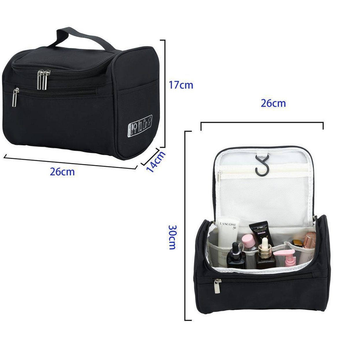 Schwarze Kulturtasche mit Abmessungen. Offene Tasche mit Gegenständen, Abmessungen gezeigt.