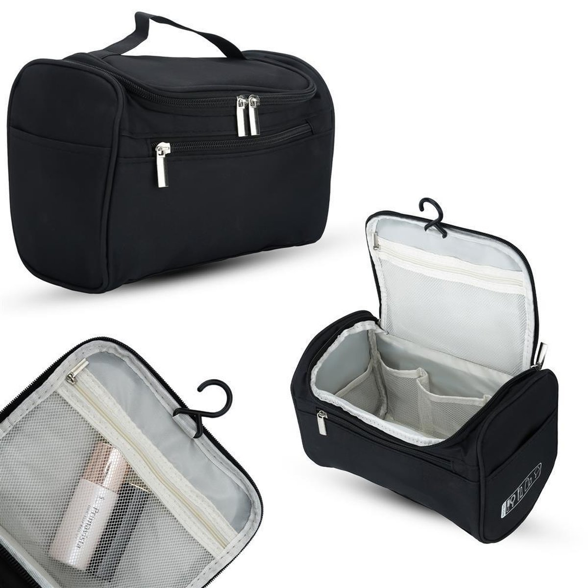 Schwarze Reisetasche mit mehreren Fächern, offene und geschlossene Ansichten. Mit Reißverschlüssen und Griff.