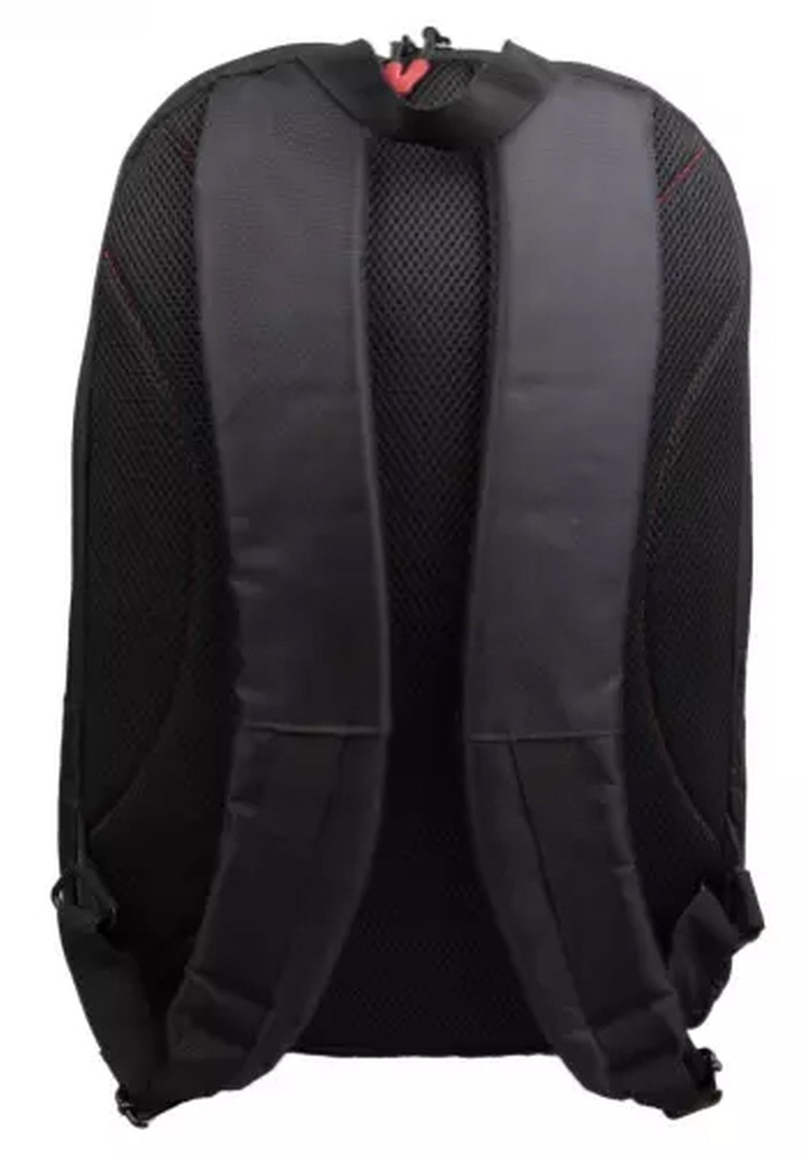 Black backpack from the back with padded shoulder straps and a mesh panel. Red stitching visible.