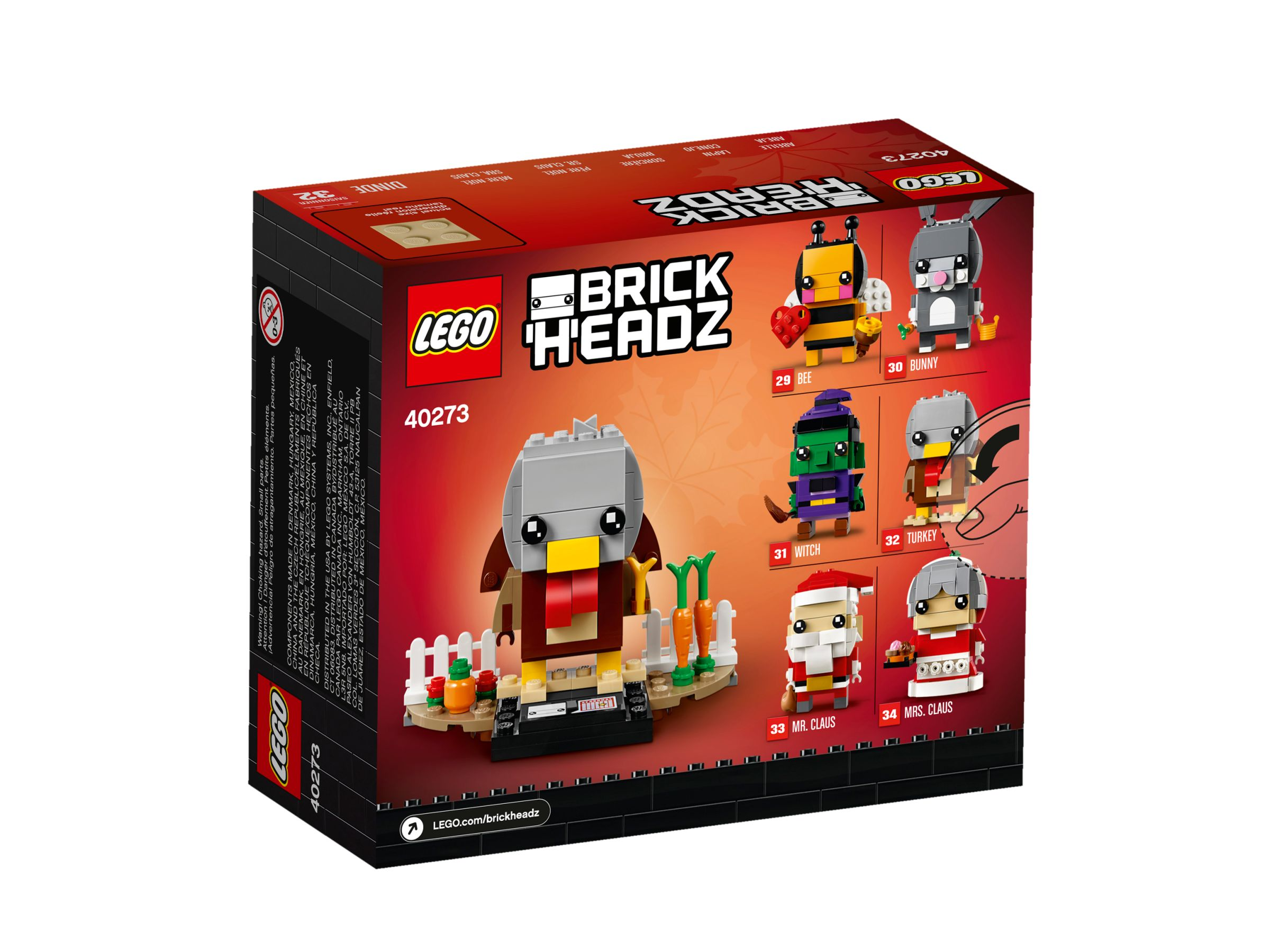 Die Rückseite einer Lego BrickHeadz-Box. Sie zeigt verschiedene Charaktere, darunter eine Biene, eine Hexe und der Weihnachtsmann.