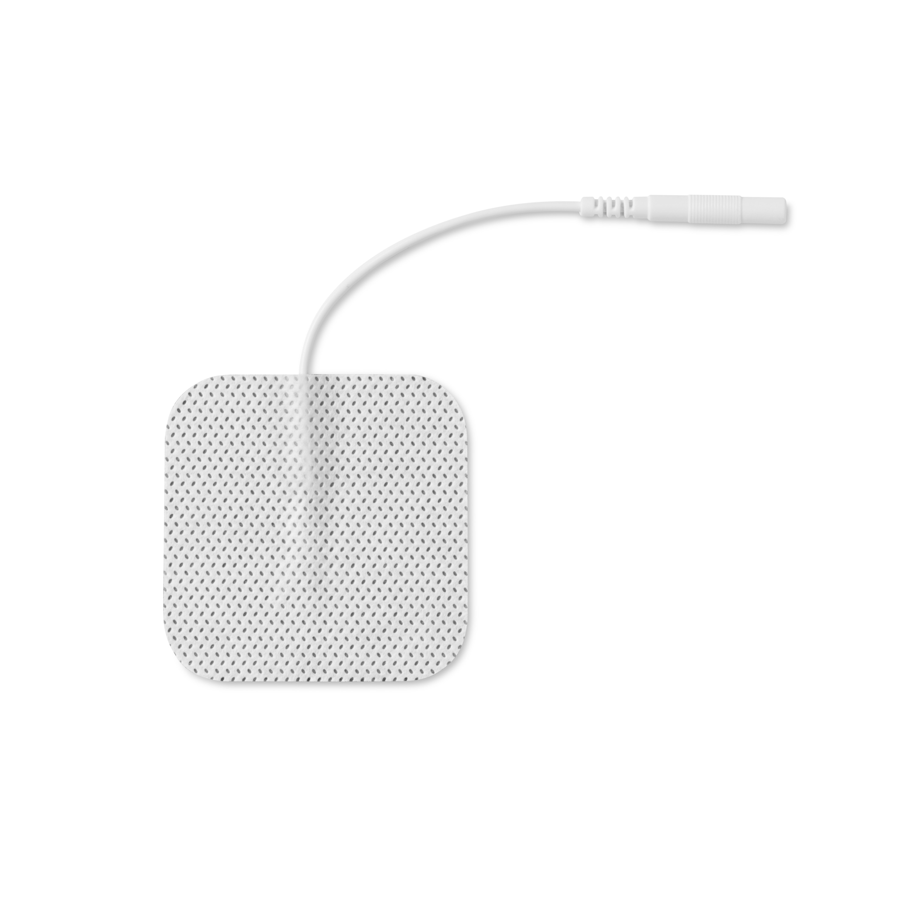 Een klein, vierkant, wit elektrodenpad met een draad en connector op een wit oppervlak.