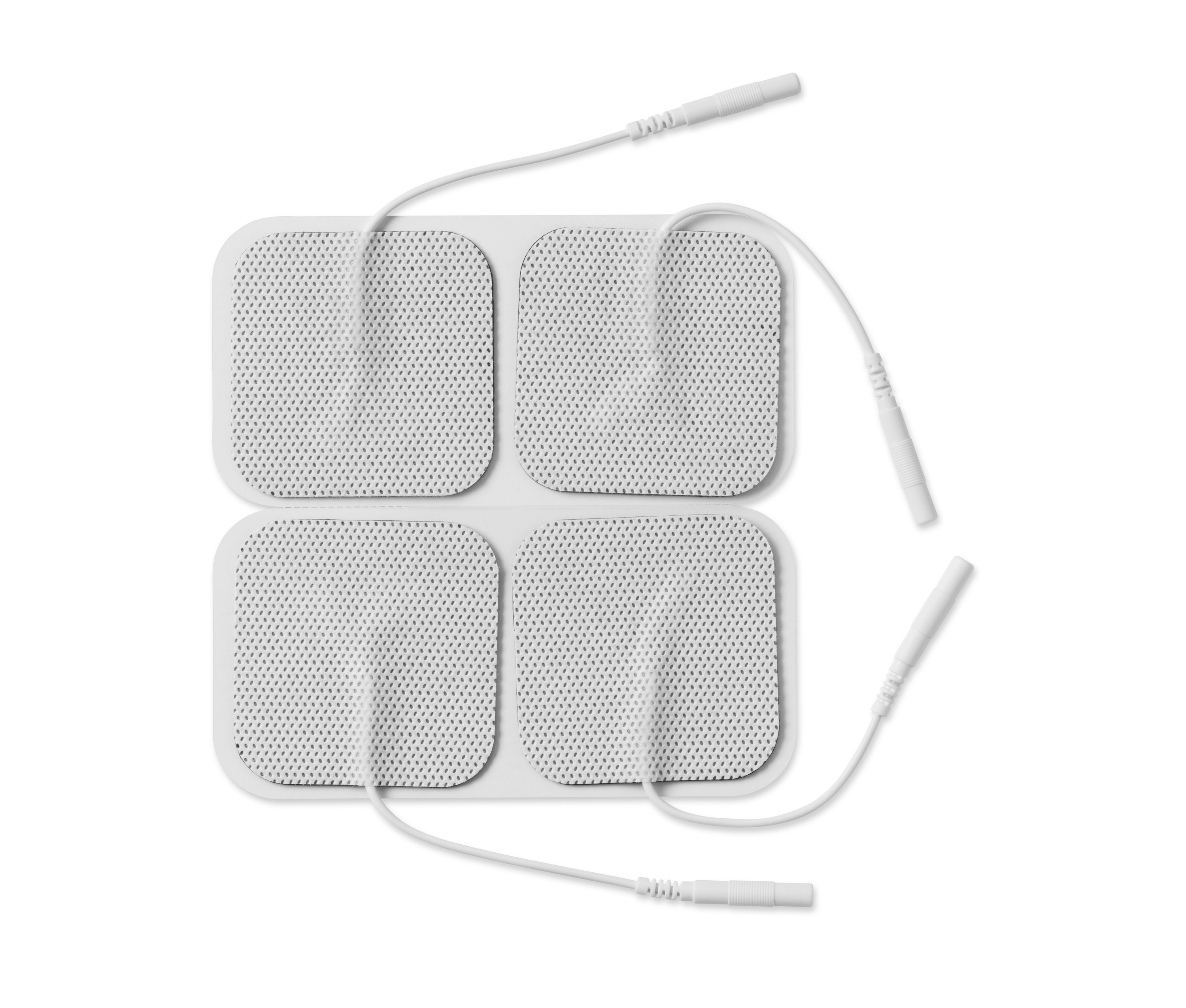 Vier witte TENS-pads verbonden met draden. De pads zijn vierkant met een rasterpatroon.