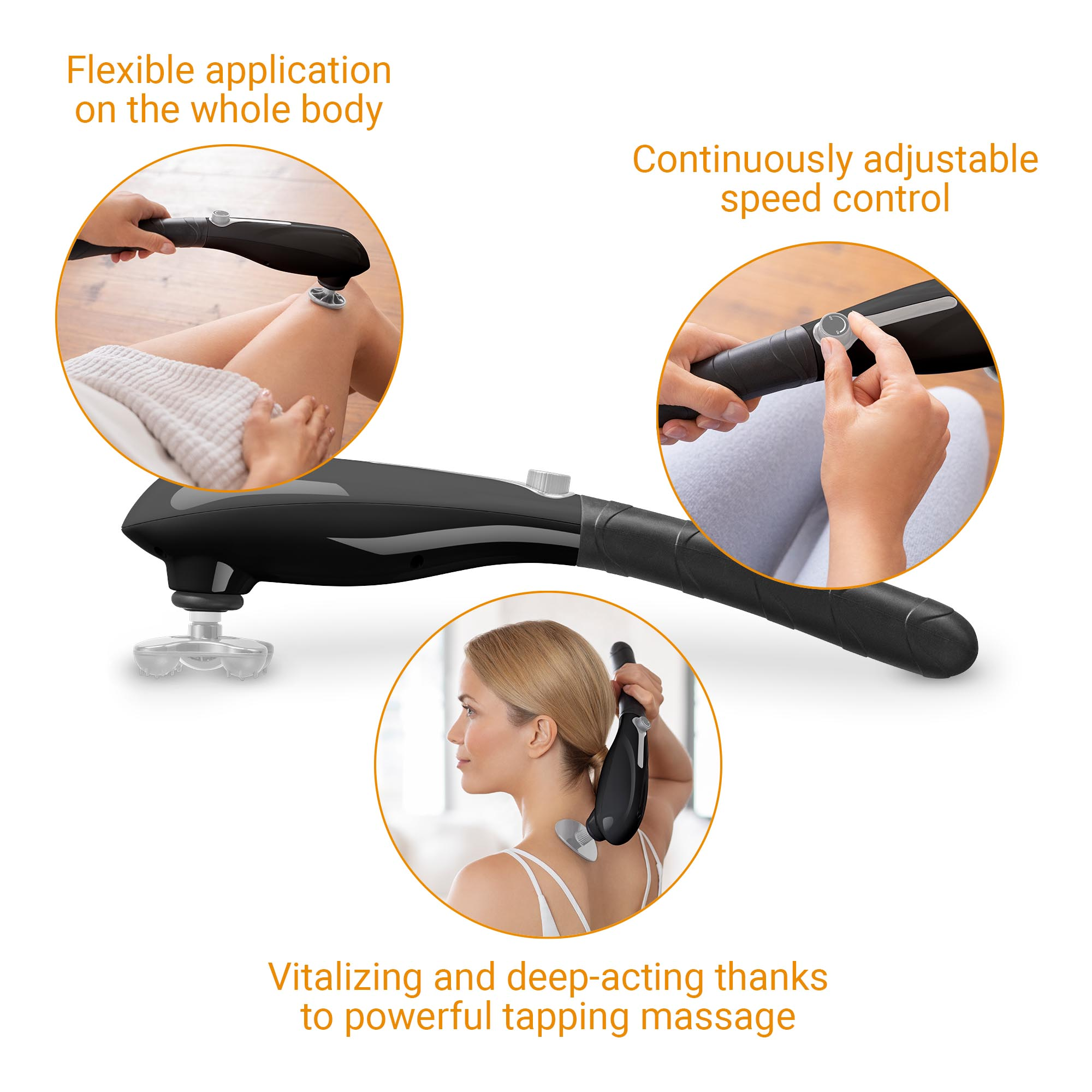 Dispositivo de masaje negro en uso en rodilla, cuello. Diagramas circulares muestran control de velocidad.