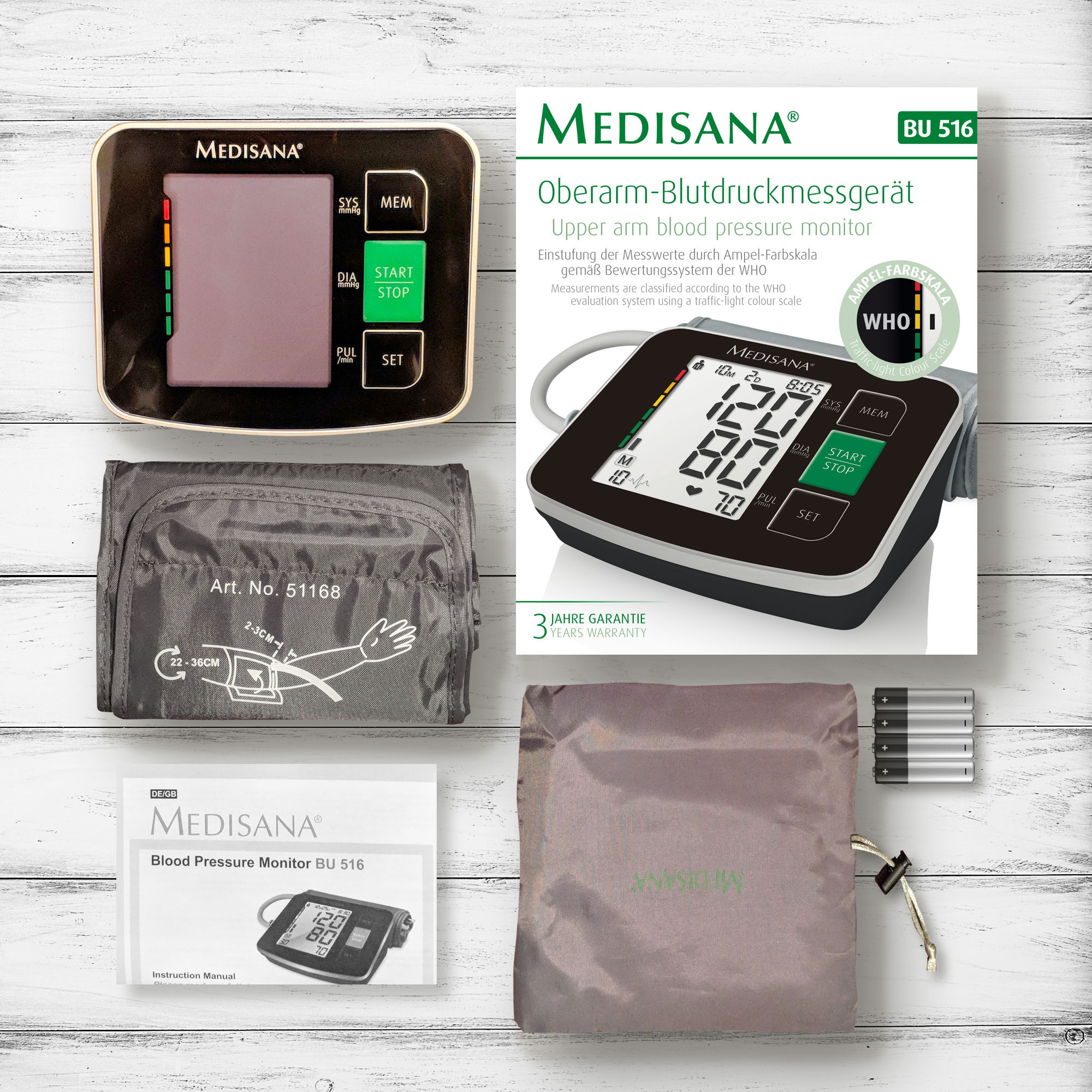 Monitor de presión arterial, brazalete, manual de instrucciones, baterías y bolsa de almacenamiento.