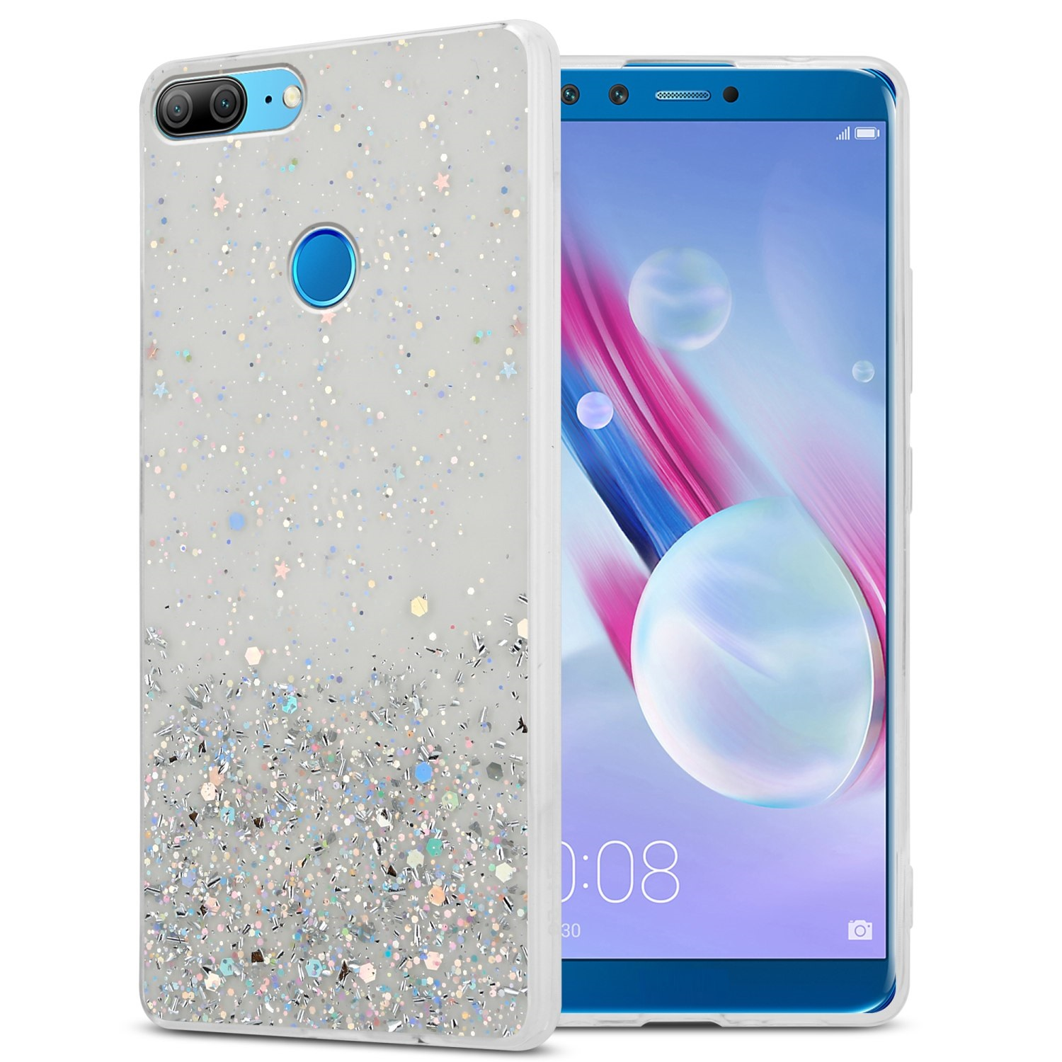Telefono con custodia glitterata. La custodia è trasparente con glitter argentati. Il telefono è blu.
