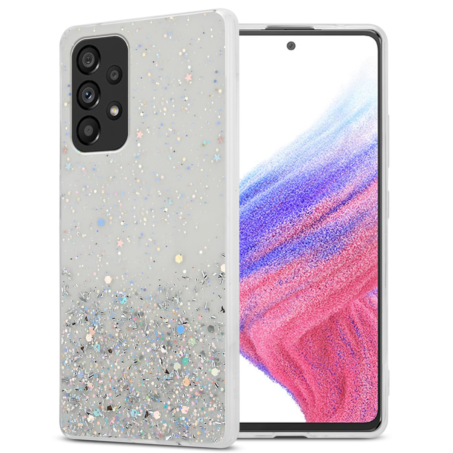 Un telefono con una custodia glitterata. La custodia è argentata con glitter e dettagli di stelle.