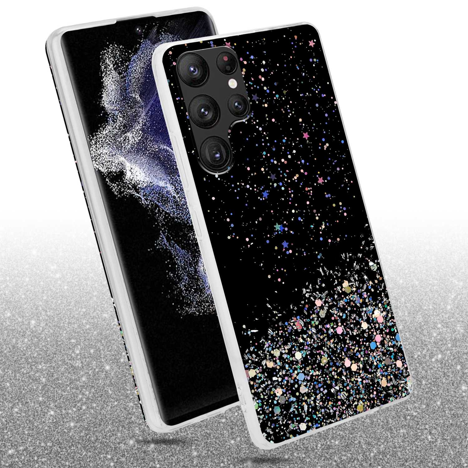 Custodia per telefono con design glitterato e telefono con tripla fotocamera.