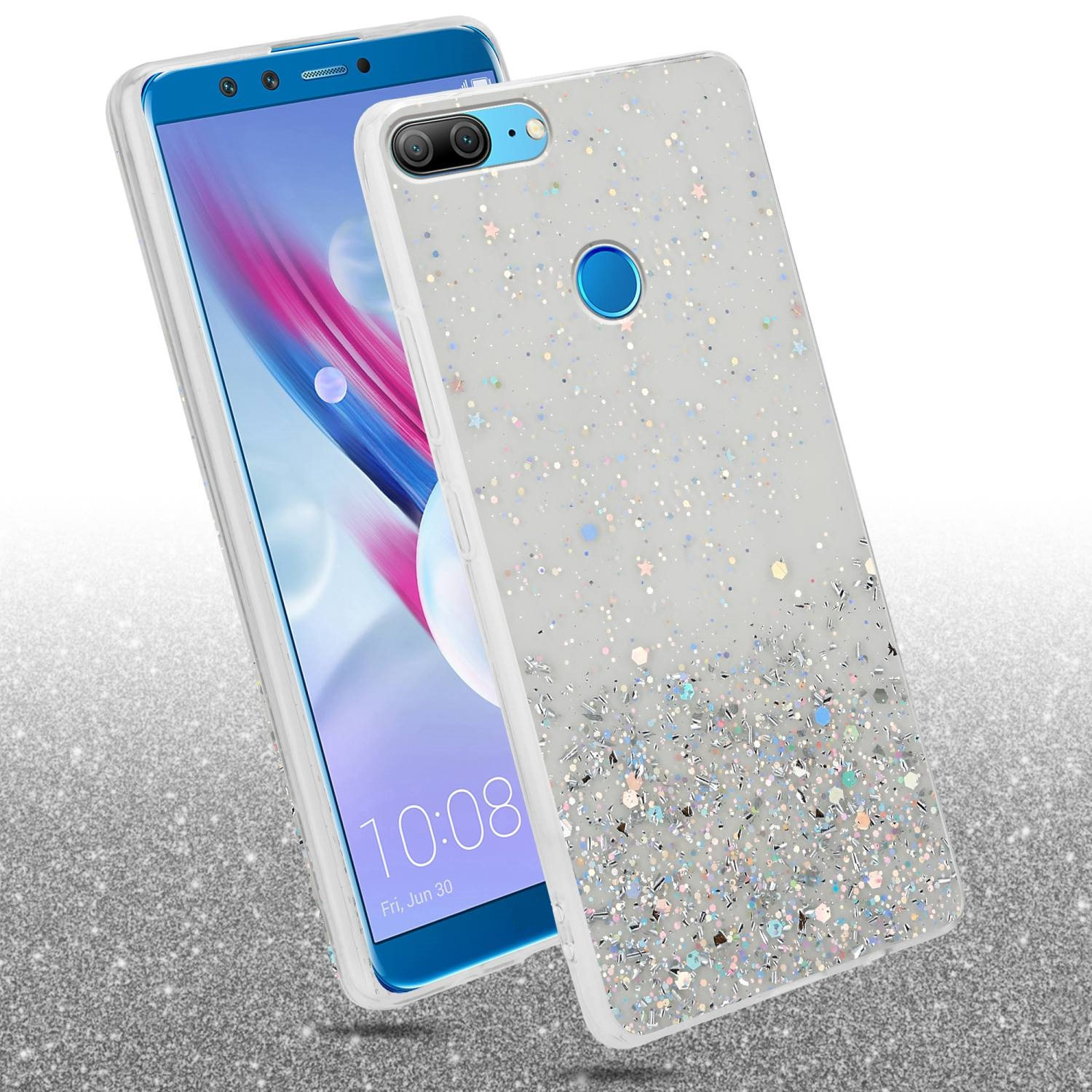 Una custodia per telefono con glitter sul retro e un telefono.