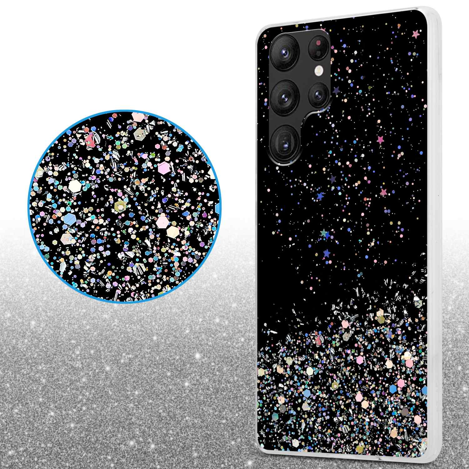 Custodia per telefono con design glitter nero e telefono. Un cerchio con dettagli glitter a sinistra.