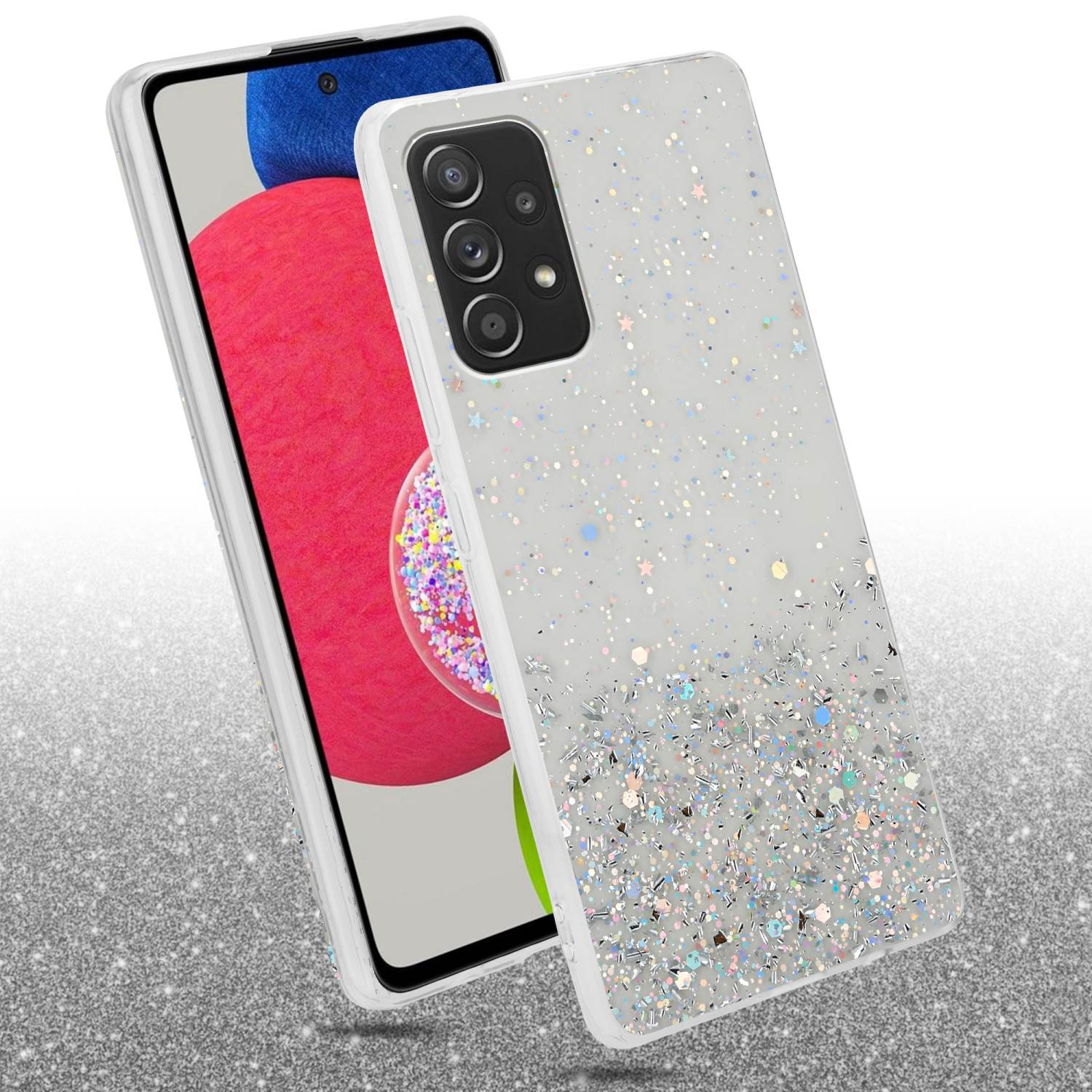 Telefono Samsung in una custodia glitterata. Telefono angolato per mostrare lo schermo. Sfondo bianco.