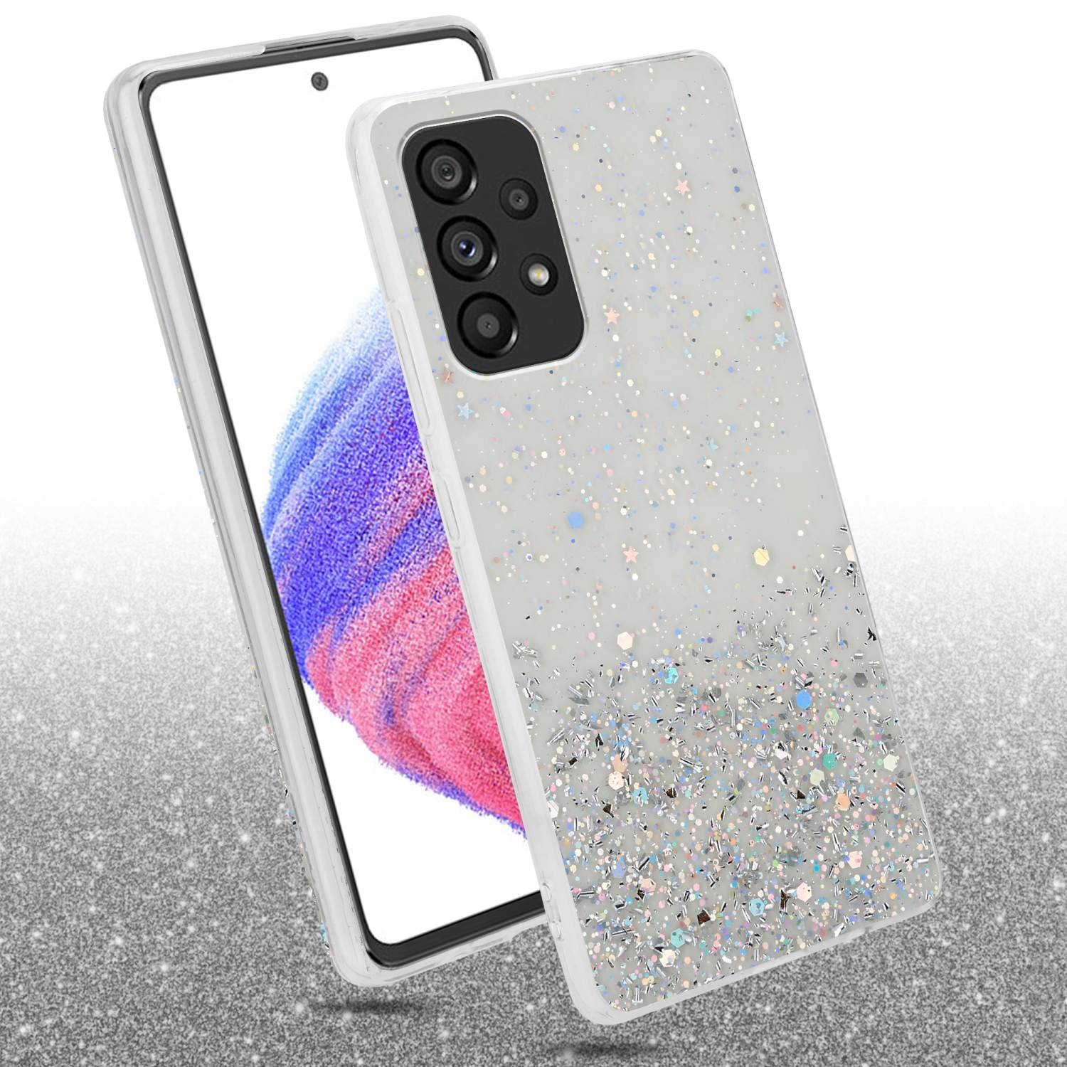 Telefono e custodia. La custodia è trasparente con glitter. Il telefono è bianco.