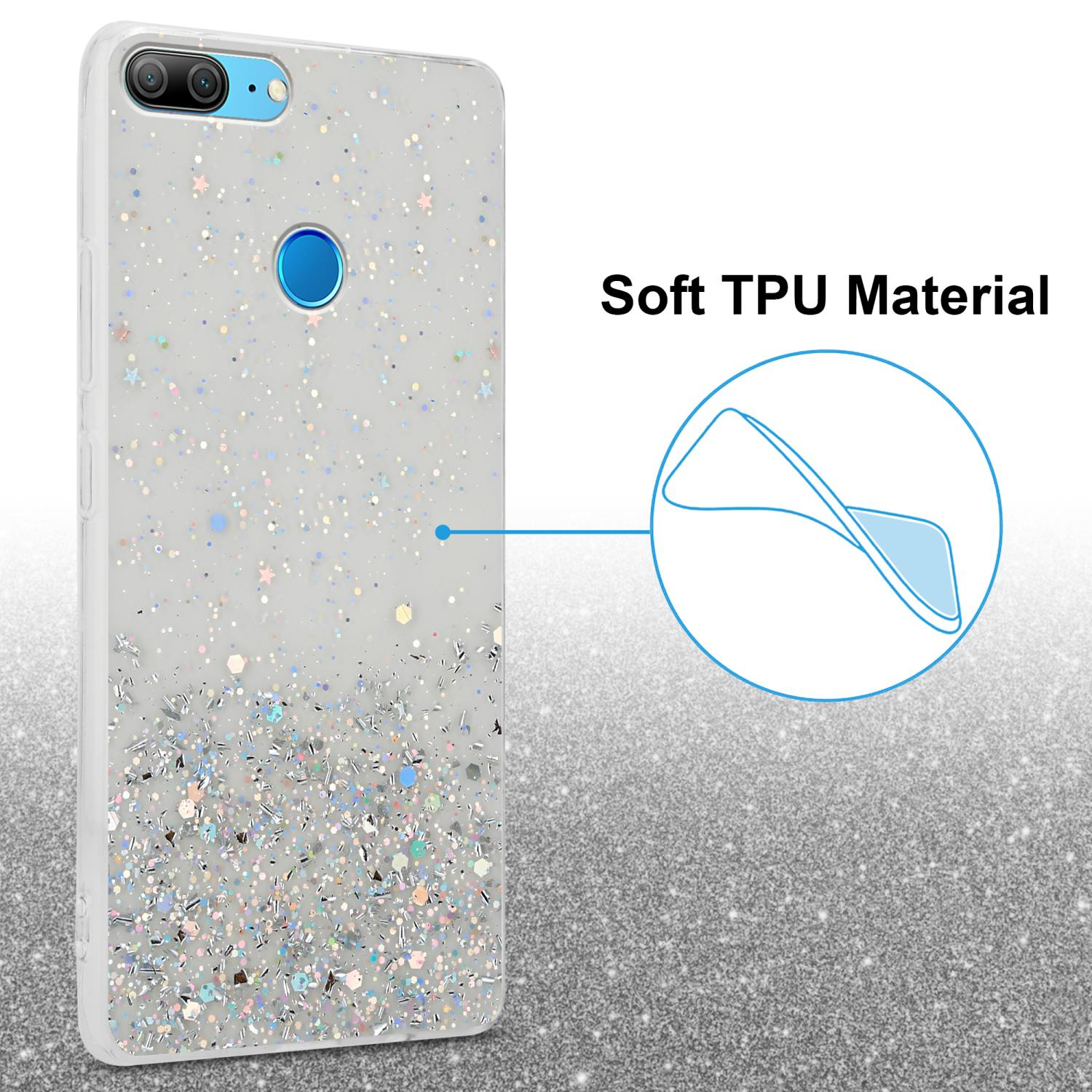 Custodia bianca per telefono con glitter e un anello blu per la fotocamera. Testo sul lato. Sfondo bianco.