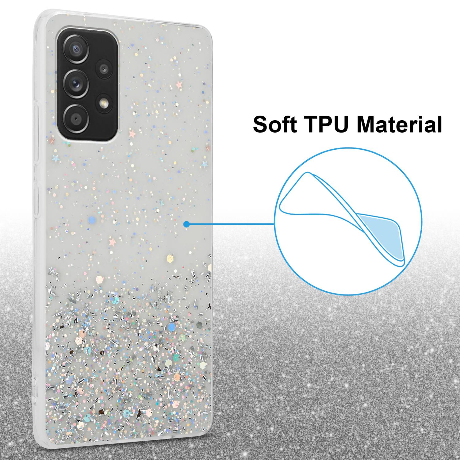 Una custodia per telefono con glitter. La custodia è trasparente e ha un motivo glitterato.