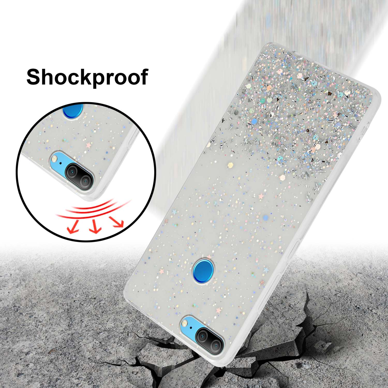 Una custodia per telefono con glitter e un primo piano che mostra i dettagli della custodia.